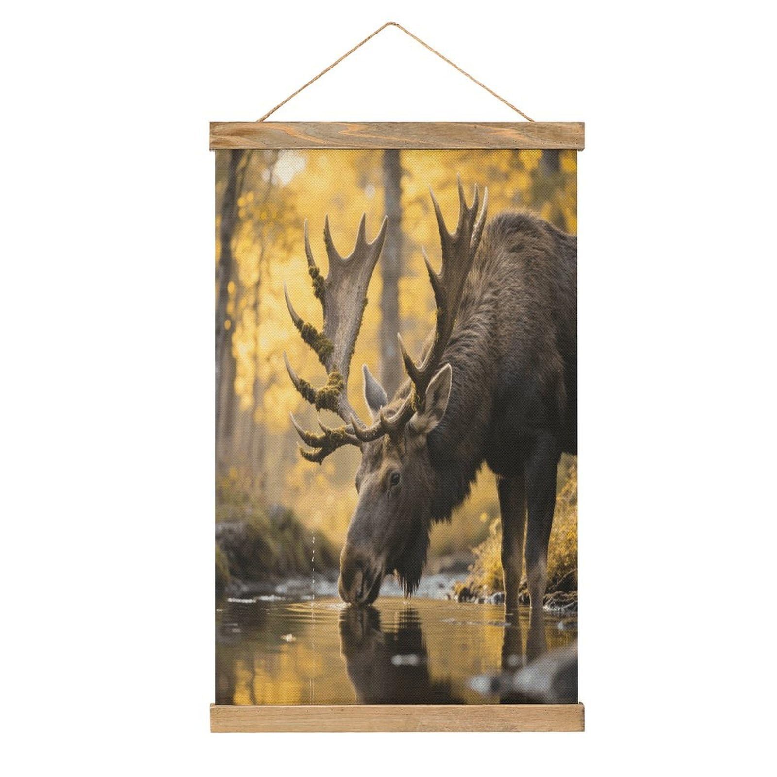 VstaDank Rustic Woodland Deer Hanging Poster with Wooden Frame Modern Linen Hanging Painting Retro Style Wall Decor Art Painting for Living Room,Bedroom Decor Poster Frame 20.4x13.1inch