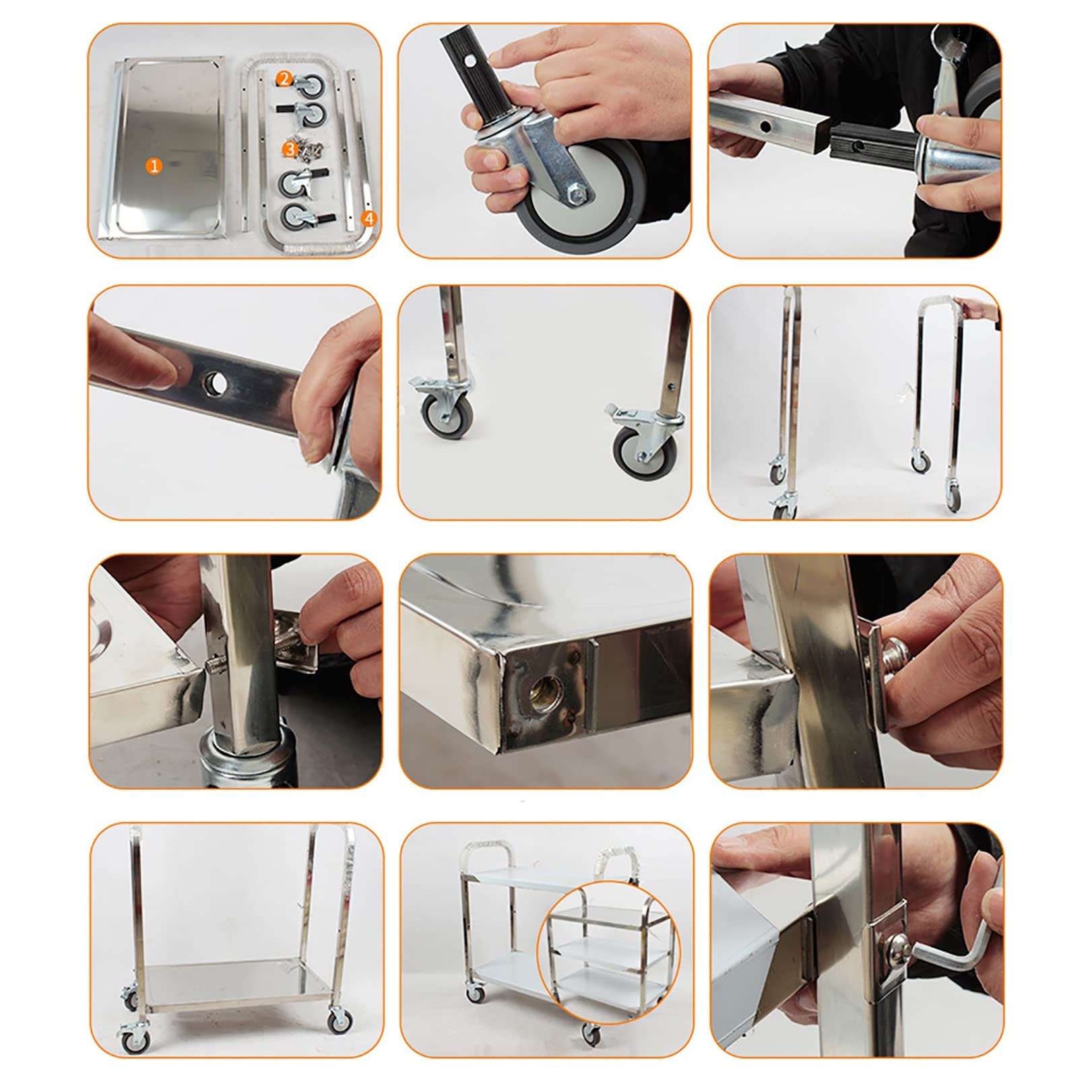 Carrito rodante de acero inoxidable de grado comercial de 3 niveles con ruedas de bloqueo, ideal para hoteles, restaurantes, oficinas y uso doméstico, solución versátil de rabia