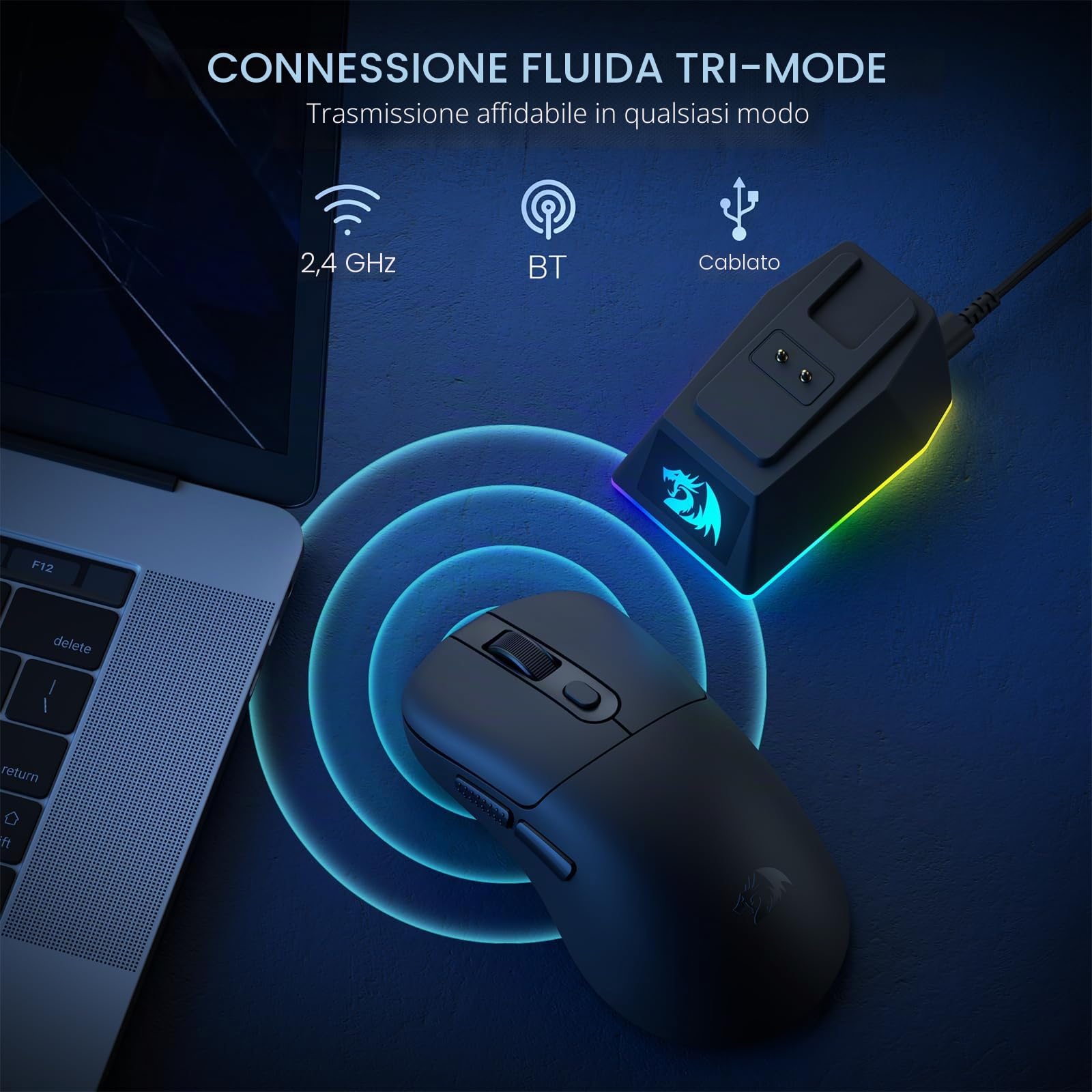 Redragon M998 Mouse Gaming Senza Fili Dock Ricarica RGB 24K DPI | Dock ricarica magnetico RGB, 24000 DPI, 6 pulsanti programmabili, connessione BT/2.4G per PC/Mac