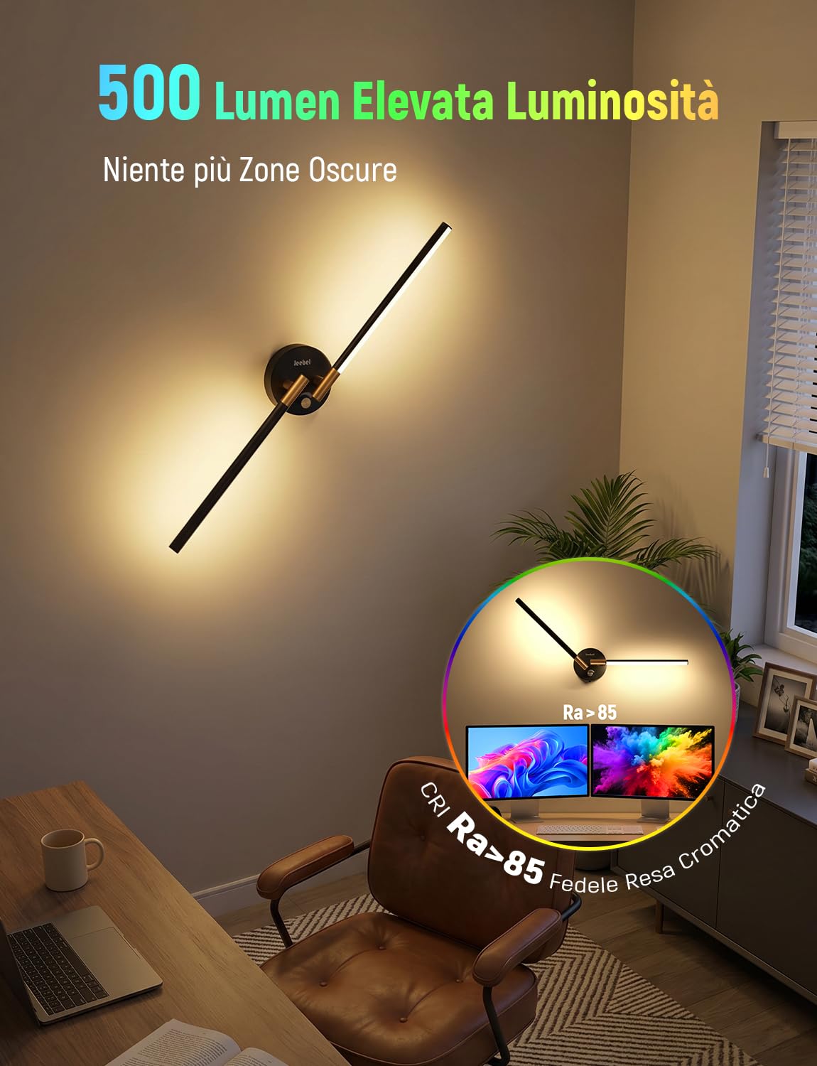 72cm Applique da Parete LED 10000mAh Ricaricabile Senza Fili, Set 2 | Lampade Parete Magnetica con Batteria 10000mAh, Modalità RGB, Doppia Rotazione, Timer, Luce Regolabile per Camera, Soggiorno