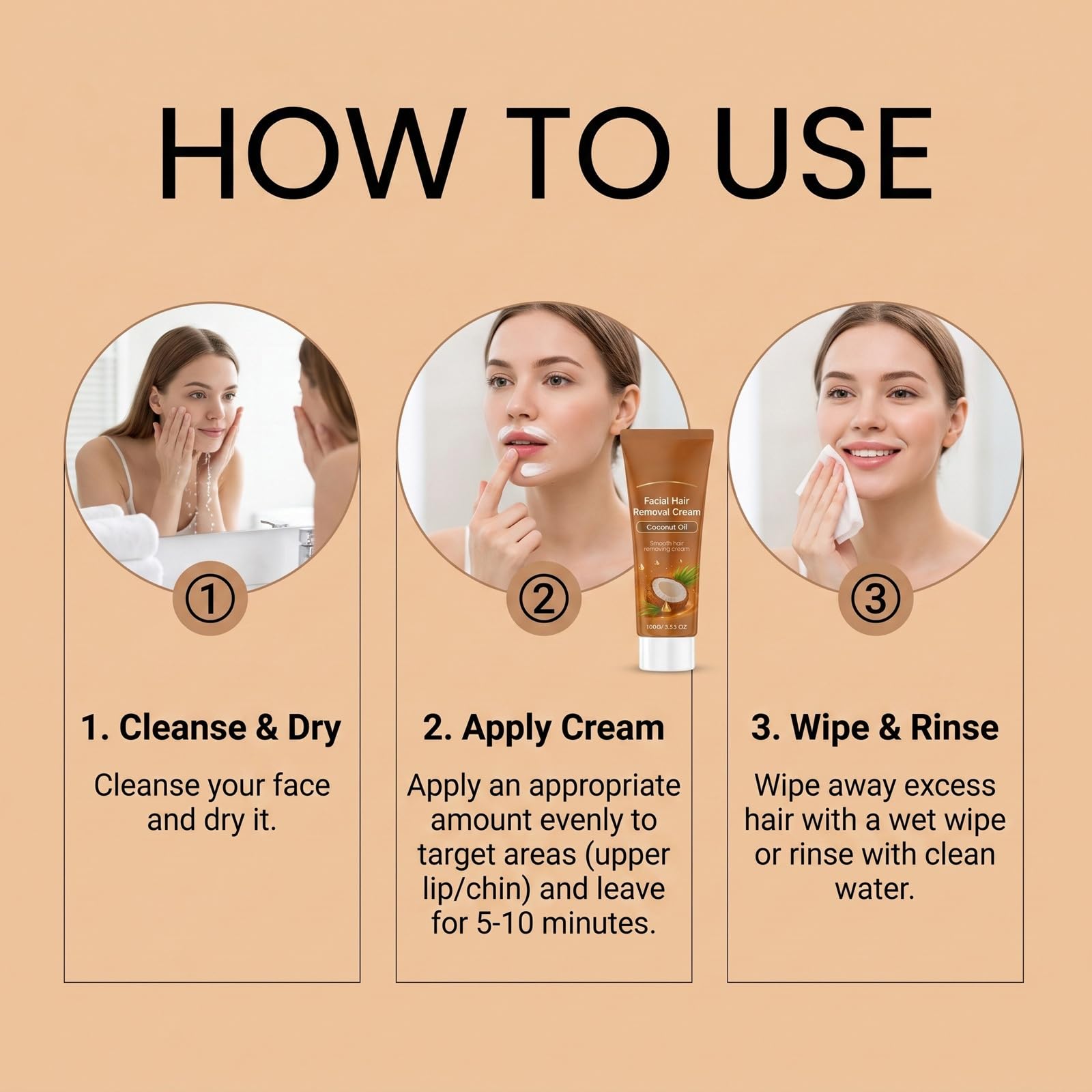 Crema de depilación facial de aceite de coco, cabello sin dolor, mujeres (6 unidades) | Espuma depilatoria suave para cara, barbilla y patillas, crema depilatoria de acción rápida para pieles sensibles