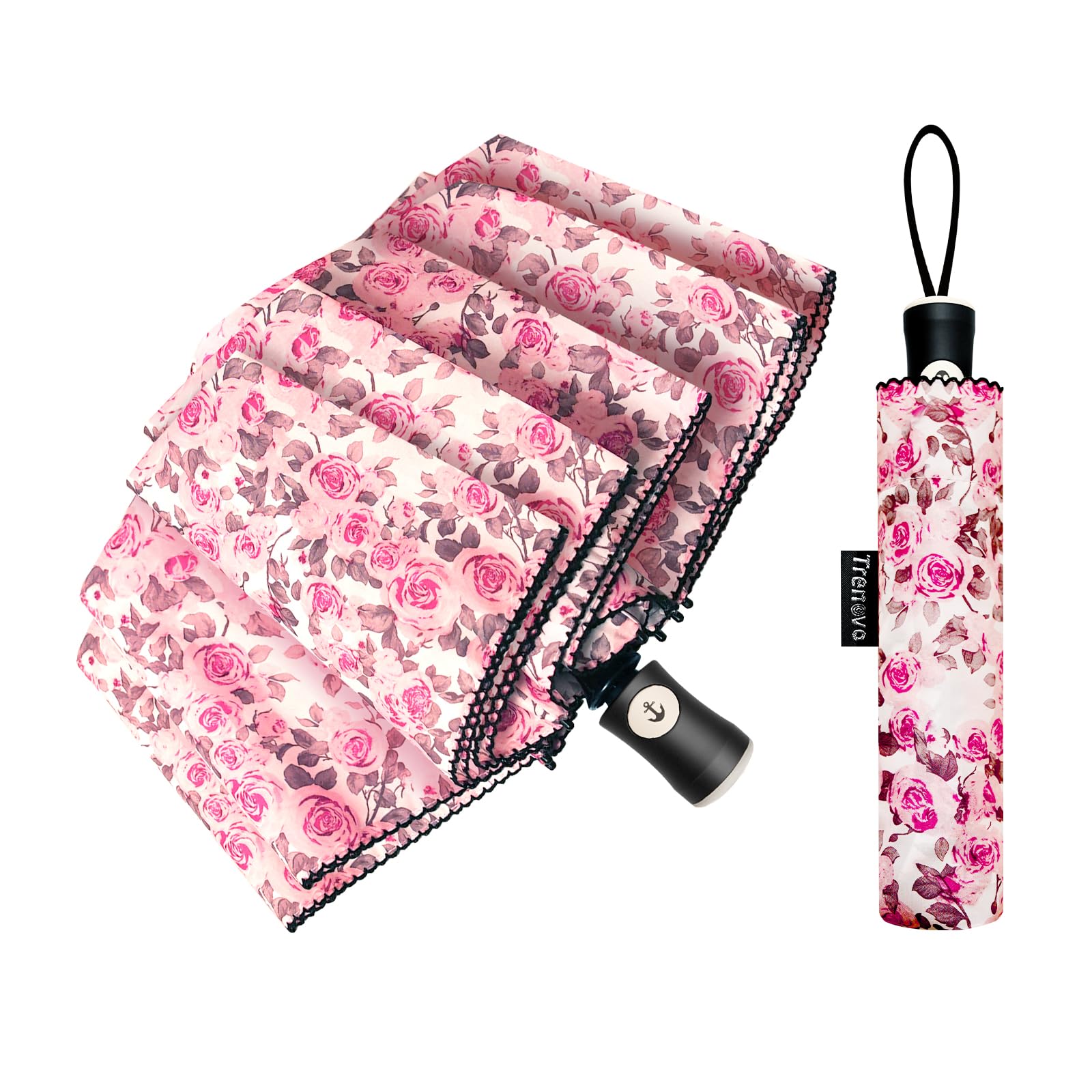 Travel Umbrella Compact, Pretty Automatic Folding Umbrella, Lightweight Umbrella Windproof, Colorful Flower Rain Umbrella for Adults Women, Cute Portable Umbrella for Backpack