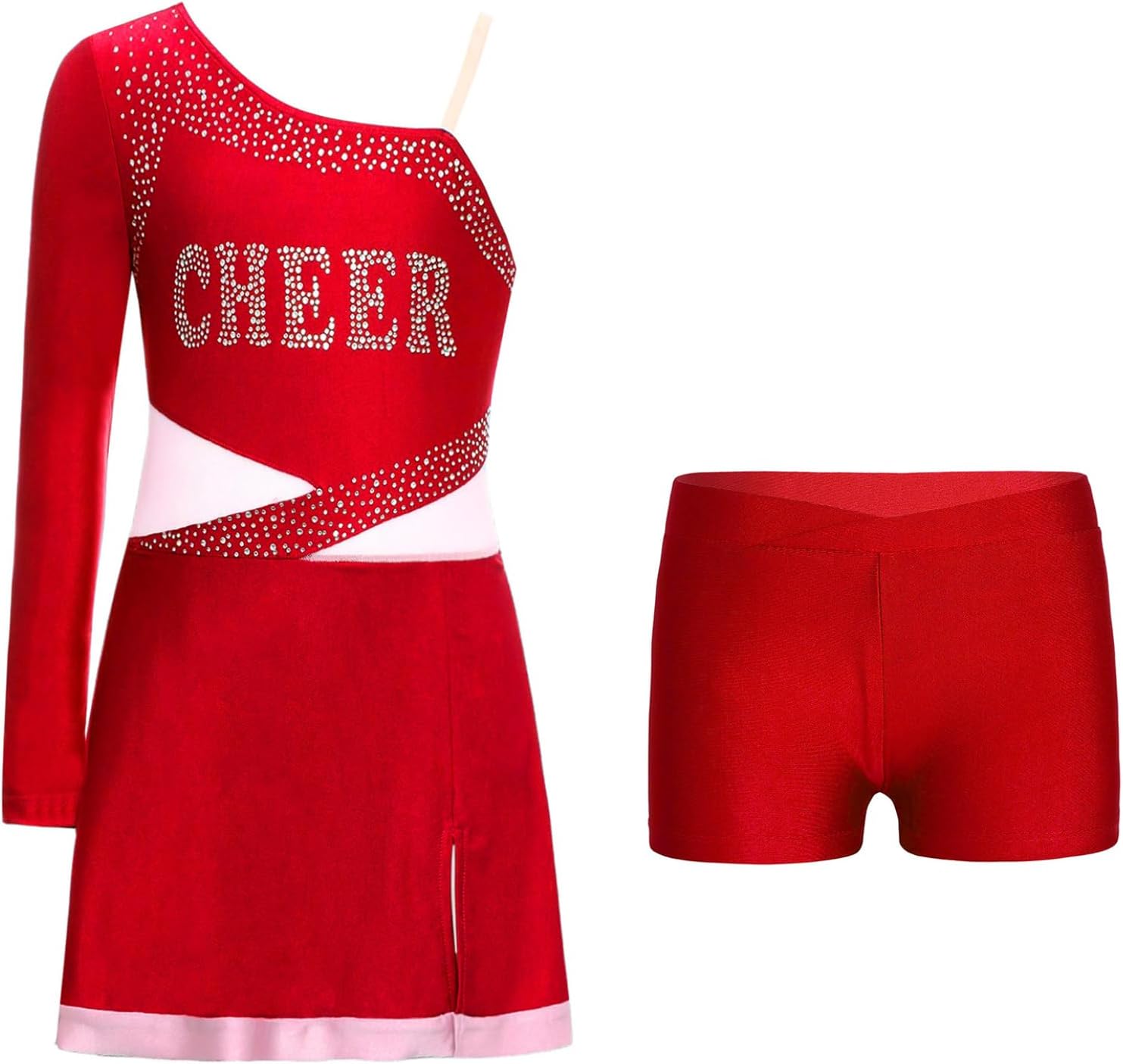 Girls Cheerleading Uniform for Sports Meeting Cheer Leader One Shoulder Long Sleeve Dress with Shorts