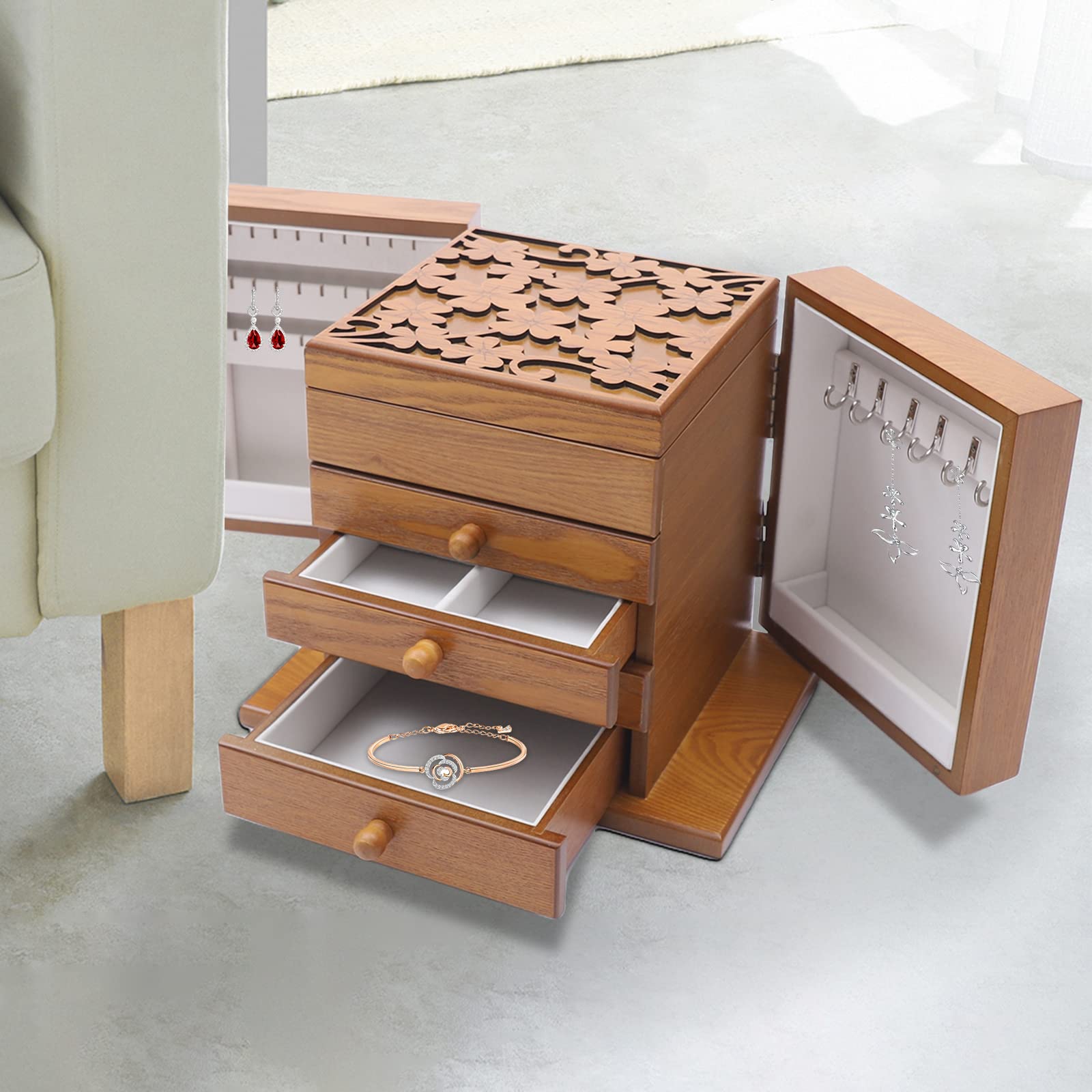 Scatola portagioie a 5 livelli, scatola per gioielli, scatola di stoccaggio, può essere posizionata sulla toletta, bancone del bagno o comodino in camera, bagno, cabina armadio, soggiorno