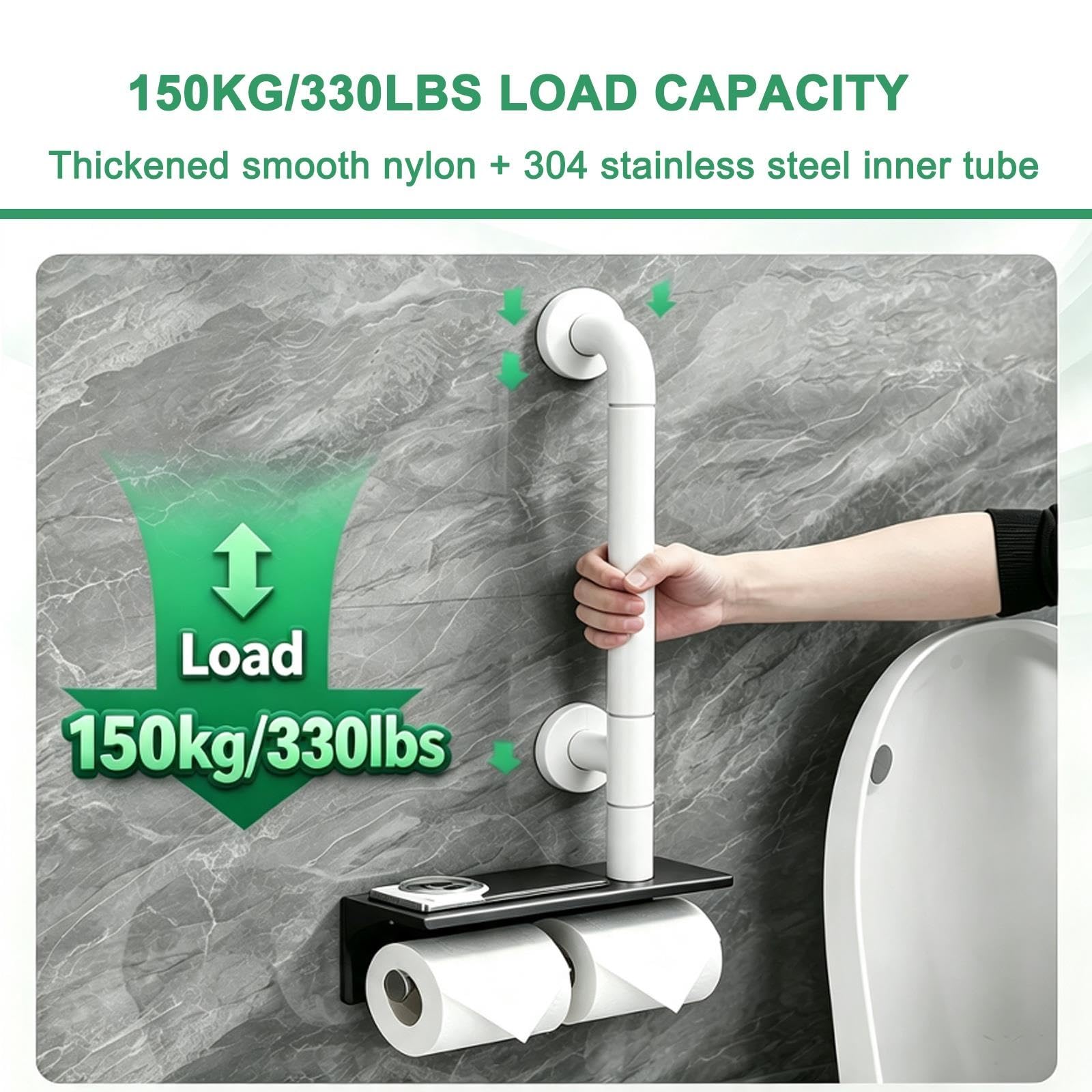 Maniglione Bagno con Ripiano, Acciaio Inox | Maniglione WC 3‑in‑1 con Portarotoli Doppio, Maniglia di Supporto a Muro, 150 Kg, per Anziani e Disabili(Gray)