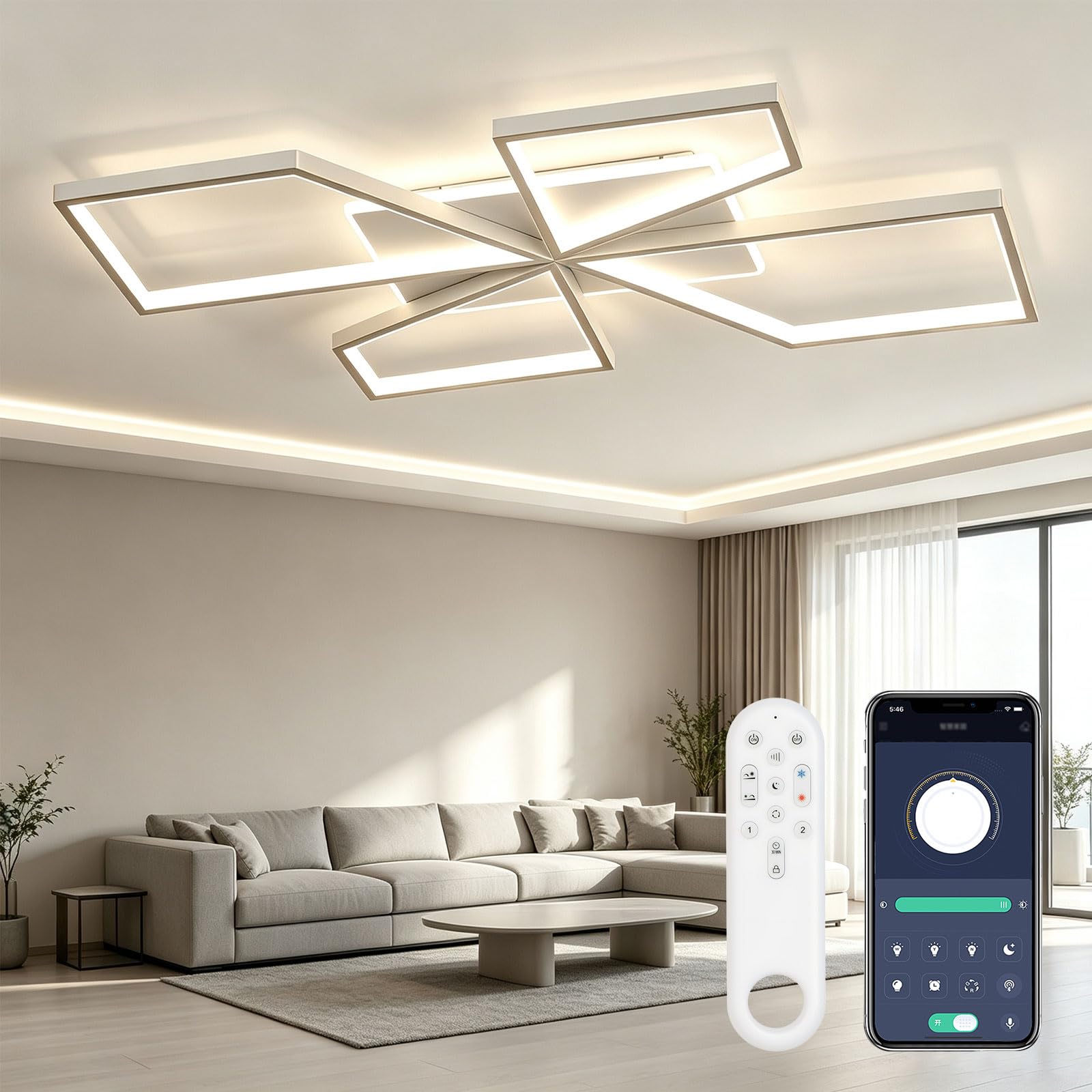OTREN Plafoniera LED Soffitto Dimmerabile, Lampadario Camera da Letto 78CM | Timer e Funzione Memoria, Moderno per Soggiorno Cucina Sala da Pranzo, Bianco, 72W