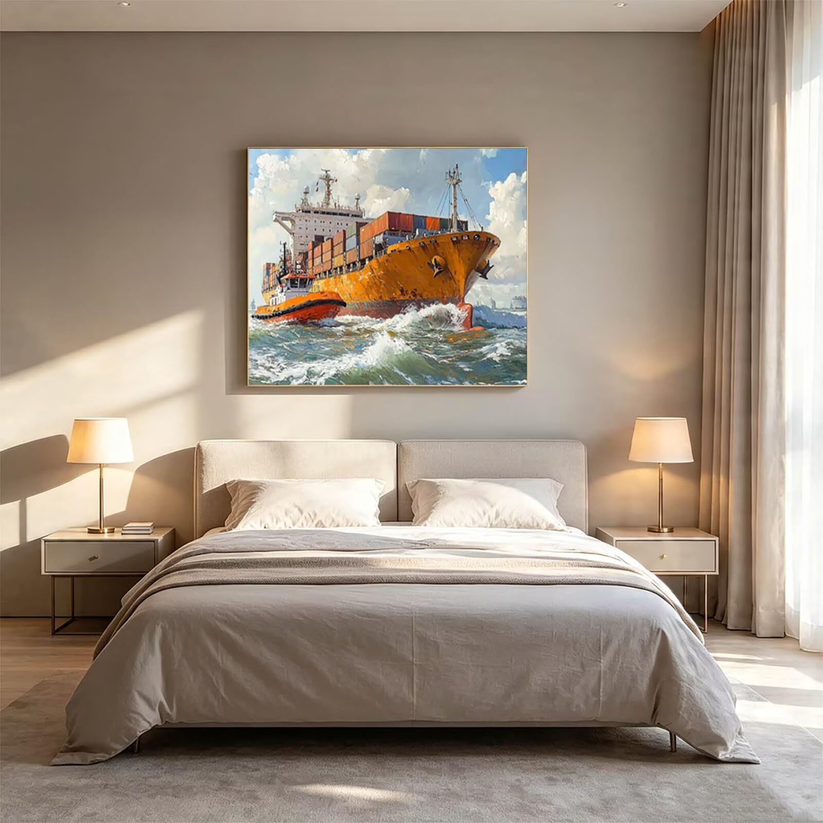 Malen Nach Zahlen Erwachsene Boot Leinwand zum Bemalen 70x95cm ZSHS-1980 | Diy Set Erwachsene mit Acrylfarben Set Pinselset Farbenfrohe Leinwand Containerschiff für Deko Wohnzimmer Geschenke