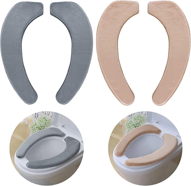 Gukasxi Toilet Seat Covers, 2 Pairs Flannel Soft and Thicker Bathroom Toilet Seat Cushion Self-Adhesive Warmer Toilet Seat Pad Universal Bathroom Toilet Seat Cover Pads Washable and Reusable