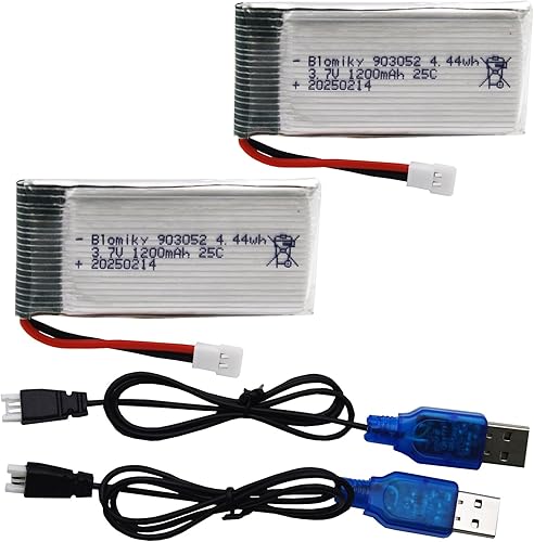 Blomiky Paquete de 2 baterías de 3.7 V 1S 1200 mAh Li-PO MX2.0 Plug 25C y 2 cables de cargador para Syma X5SW X5SC RC Quadcopter Helicóptero Drone