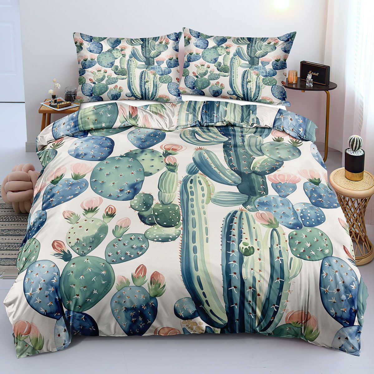Housse de couette décorative cactus effet aquarelle art nature pour lit simple