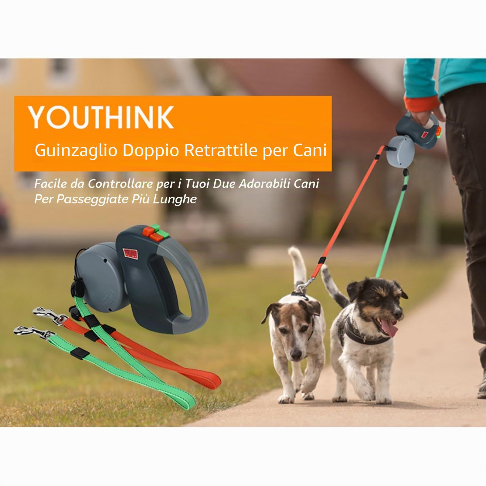 lyrlody Guinzaglio per Cani Retrattile 3 Metri, Doppio Guinzaglio del Cane per 2 Cani, Guinzaglio Allungabile, Corda Riflettente, Resistente agli Strattoni(Grigio)