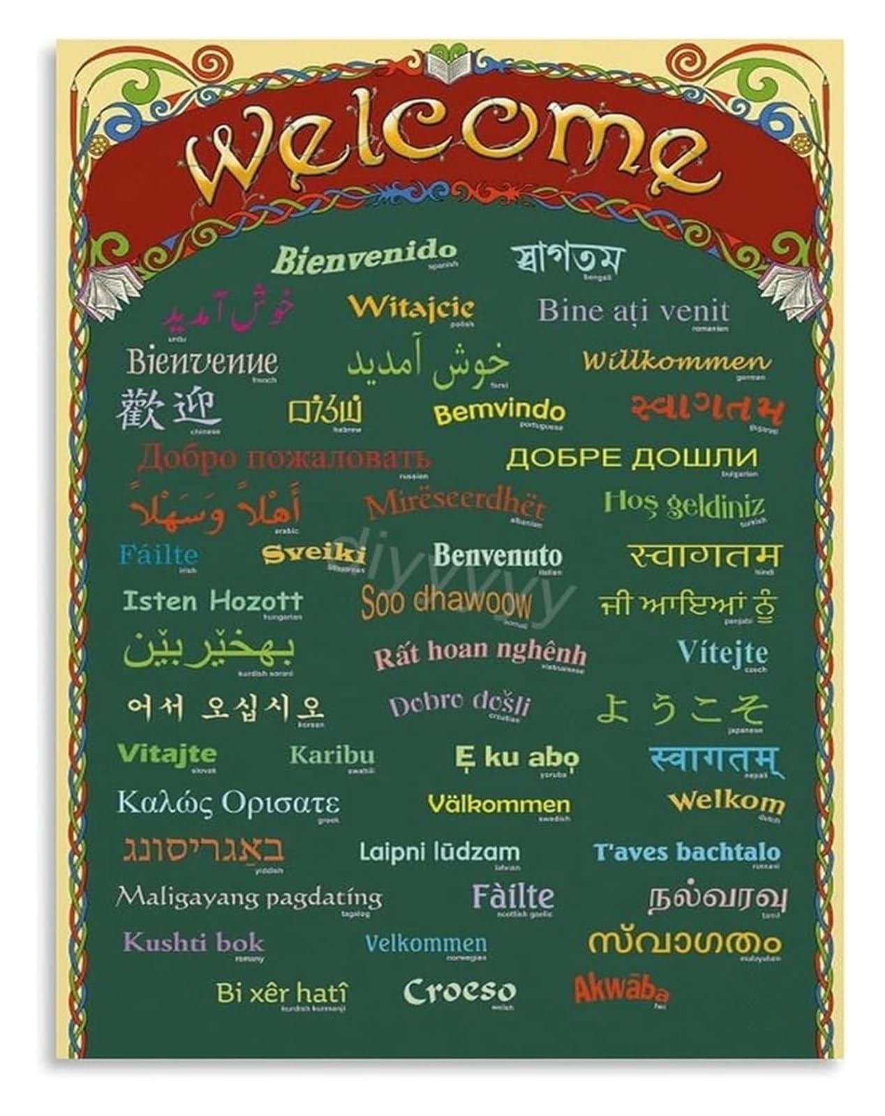 IDGTTLDF Language Learning Welcome Sign in Various Languages Canvas Poster for Wall Decoration and Educational Use Unframed,08x12inch(20x30cm)