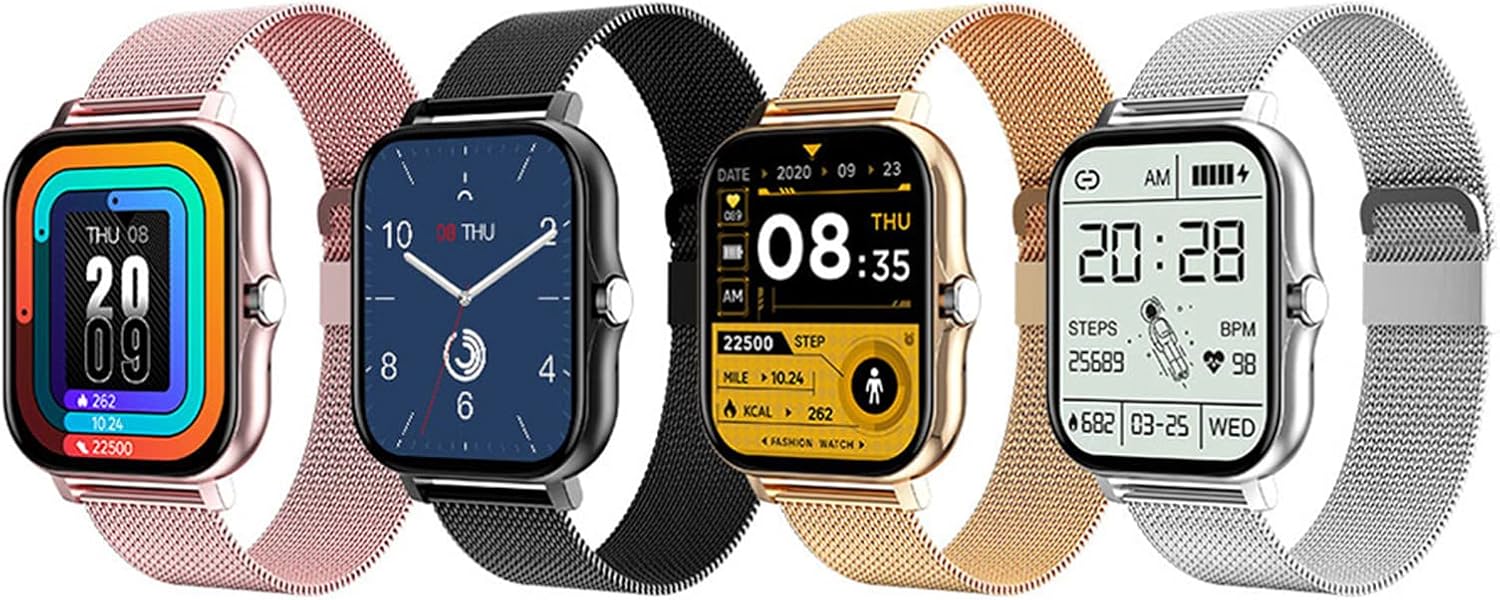 Four Chicmine Y13 Smart Watches in different colors: rose gold, black, gold, and silver