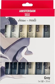 Amsterdam Standard Series Acrylic Paint Grey Tone Set | White, Grey & Black Shades (12 x 20ml) | Monochrome Black and White Set