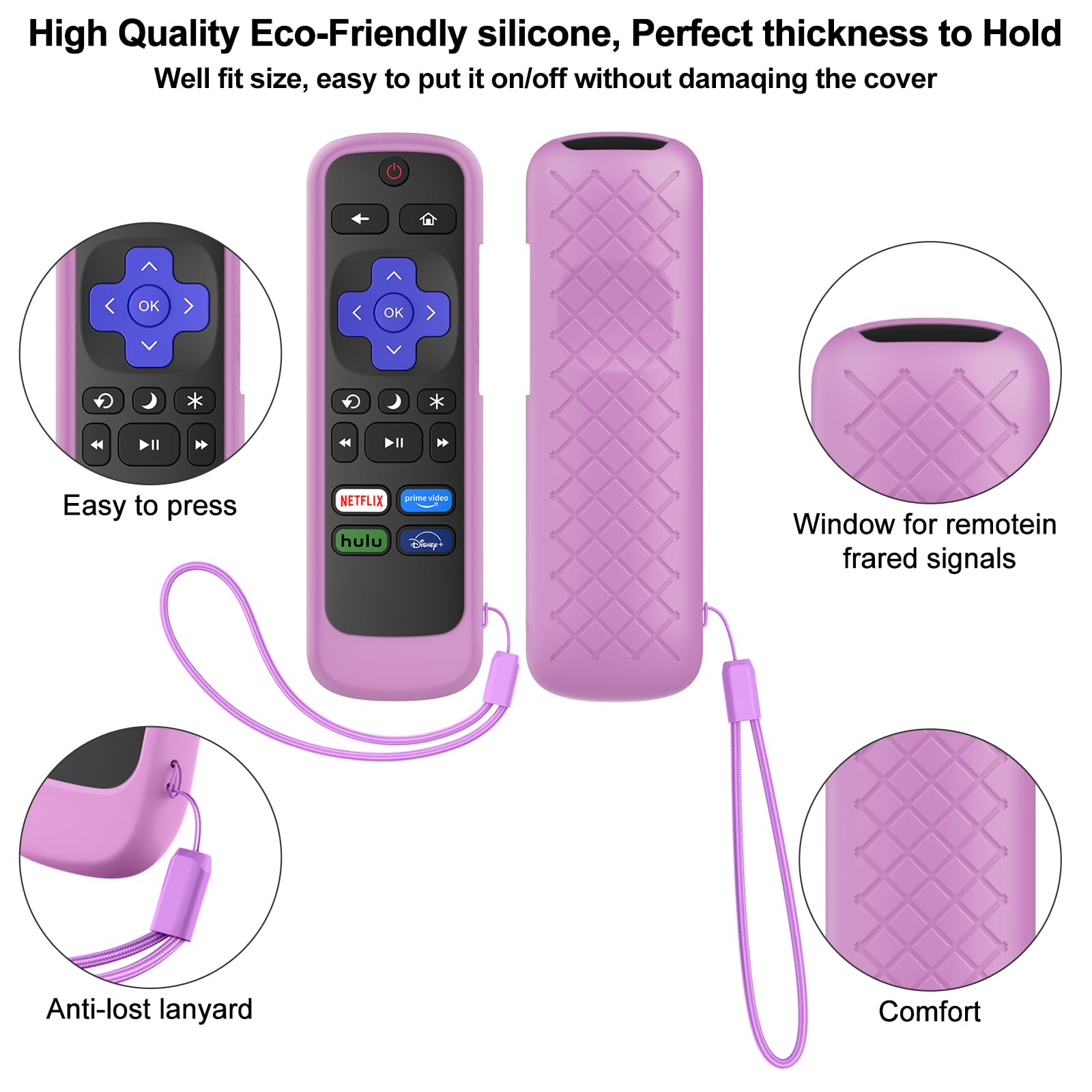 2 Pack Remote Cover for Hisense TCL Roku TV, Universal Silicone Replacement Remote Case Compatible with Roku Voice Remote, Glow in The Dark (Pink+Purple) - 3