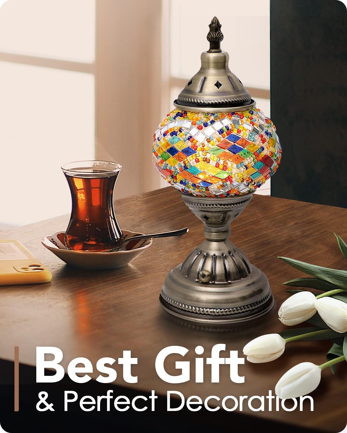 Yarra-Decor Turkish Moroccan Lamp with Bronze Base Handmade Tiffany Mosaic Glass Lamps Portable Bedside Lamps with Rechargeable Battery 2000mAh (LED Bulb Included) (Multicolor1)