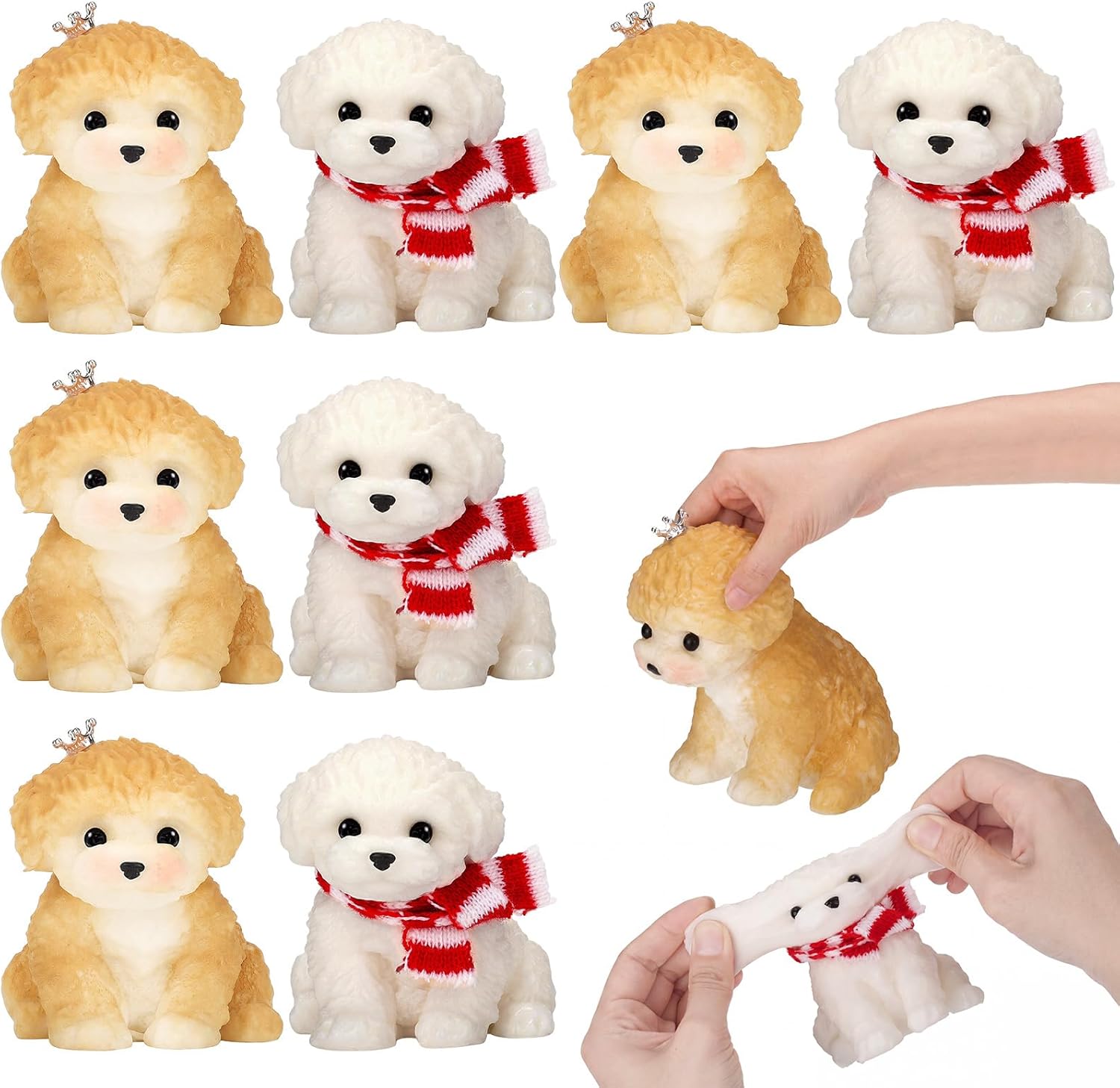 8 Pcs Large Taba Cute Squeeze Dog Sensory Play Things Big Squeeze Puppy Ultra Soft Silicone Teddy Dogs Handmade Non-Toxic Stress Relief Play Things for Autism Anxiety Relief, Yellow White