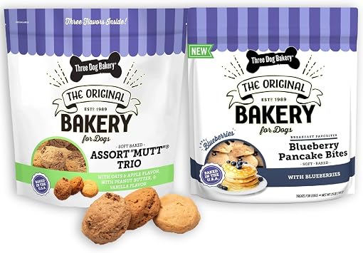 Three Dog Bakery Assort Mutt Trio & Blueberry Pancake Bites, Premium Dog Training & Puppy Treats