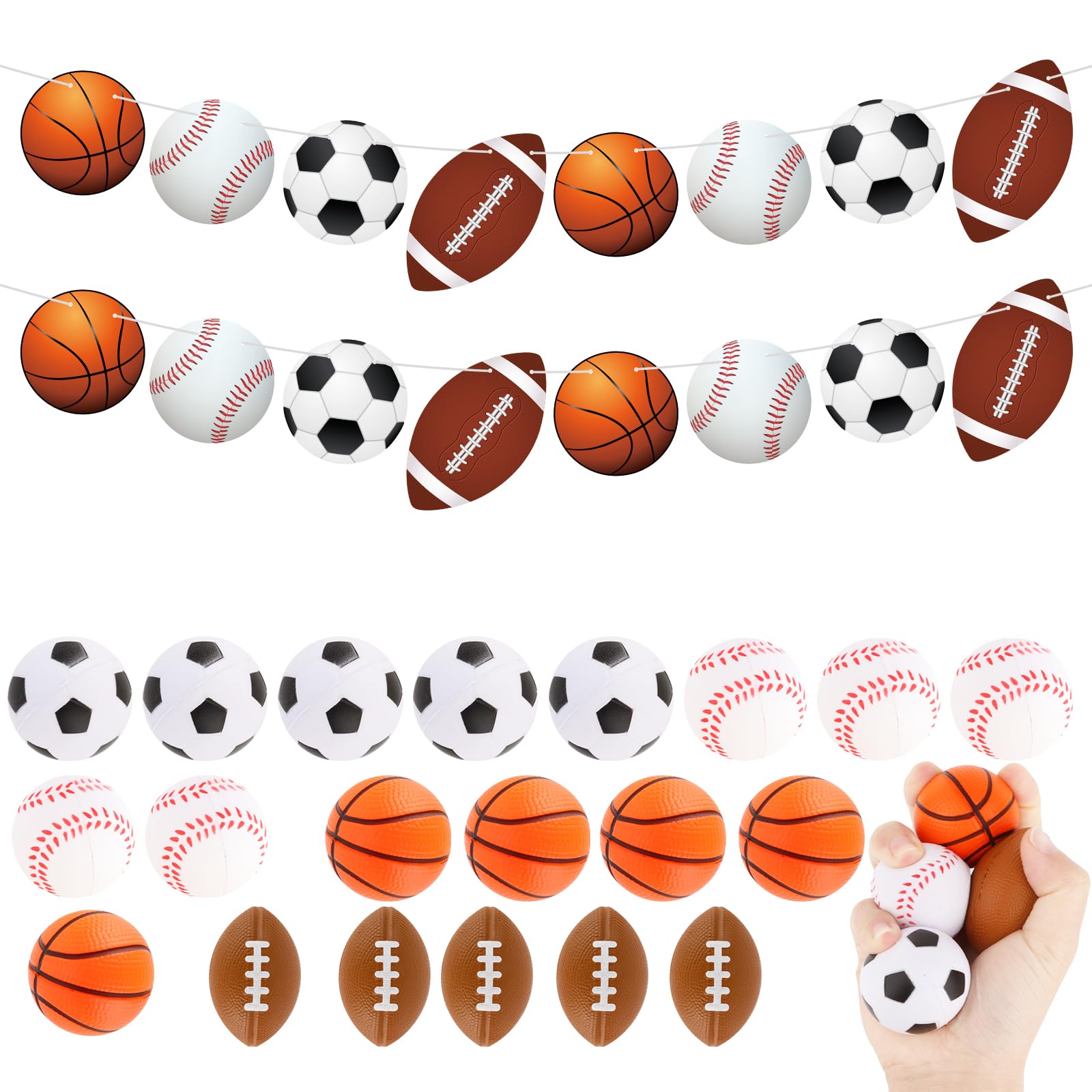 Mini Sport Stress Balls & 2 Pieces Sports Balls Banner Sign for Sport Theme Birthday Party Sports Game Day School Carnival Party