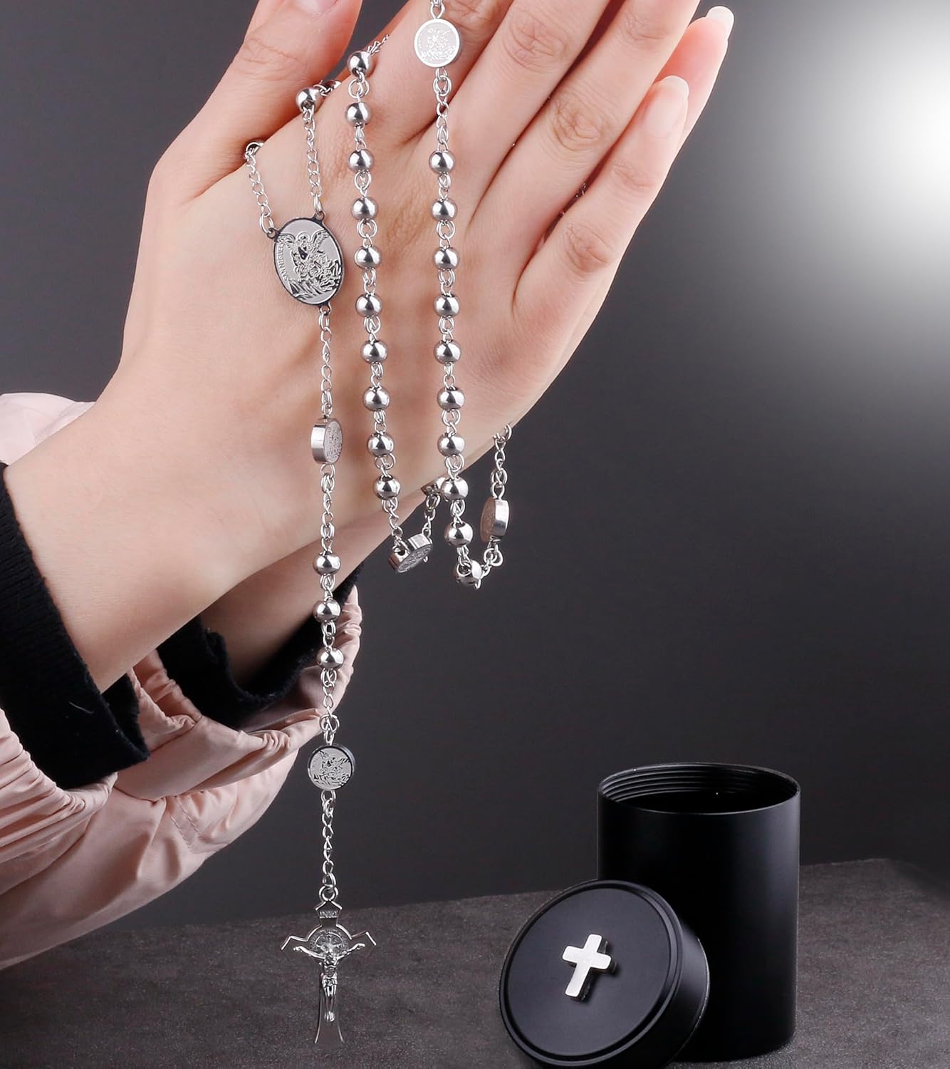 HanlinCC Stainless Steel Catholic Rosary Necklace with Gift Box with Saint Benedict Saint Michael Miraculous medal for Men and Women - Image 7