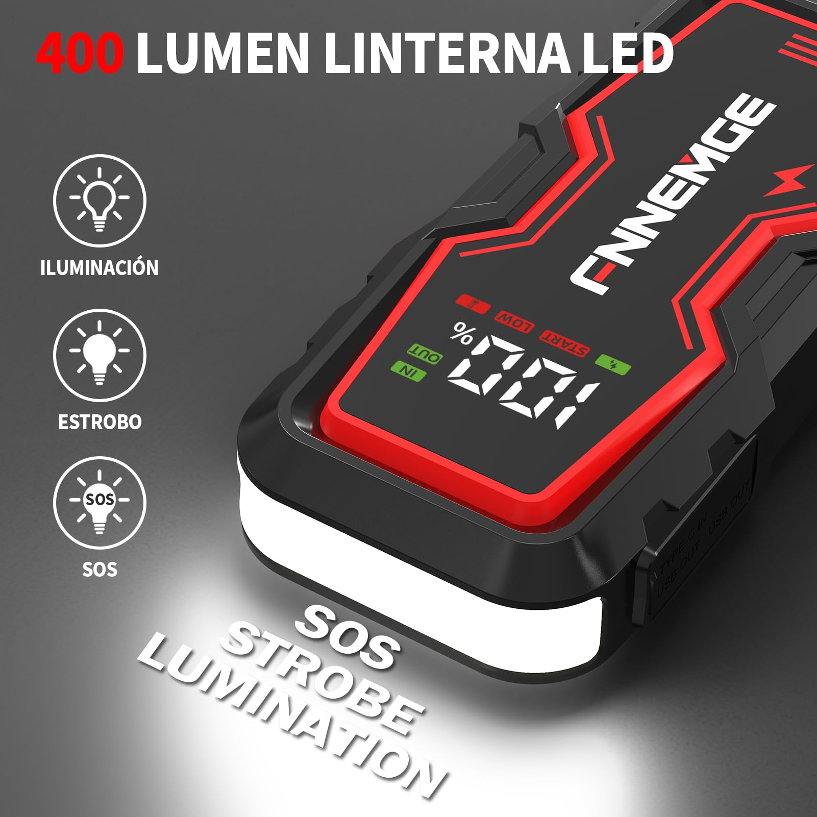FNNEMGE Arrancador de Coches, 9000A 26800mAh Arrancador Batería Coche (para Todo vehículo de Gasolina o 10,0L de Diesel),Booster Bateria, con Puerto de Salida USB, Luz LED, Pantalla Grande HD.