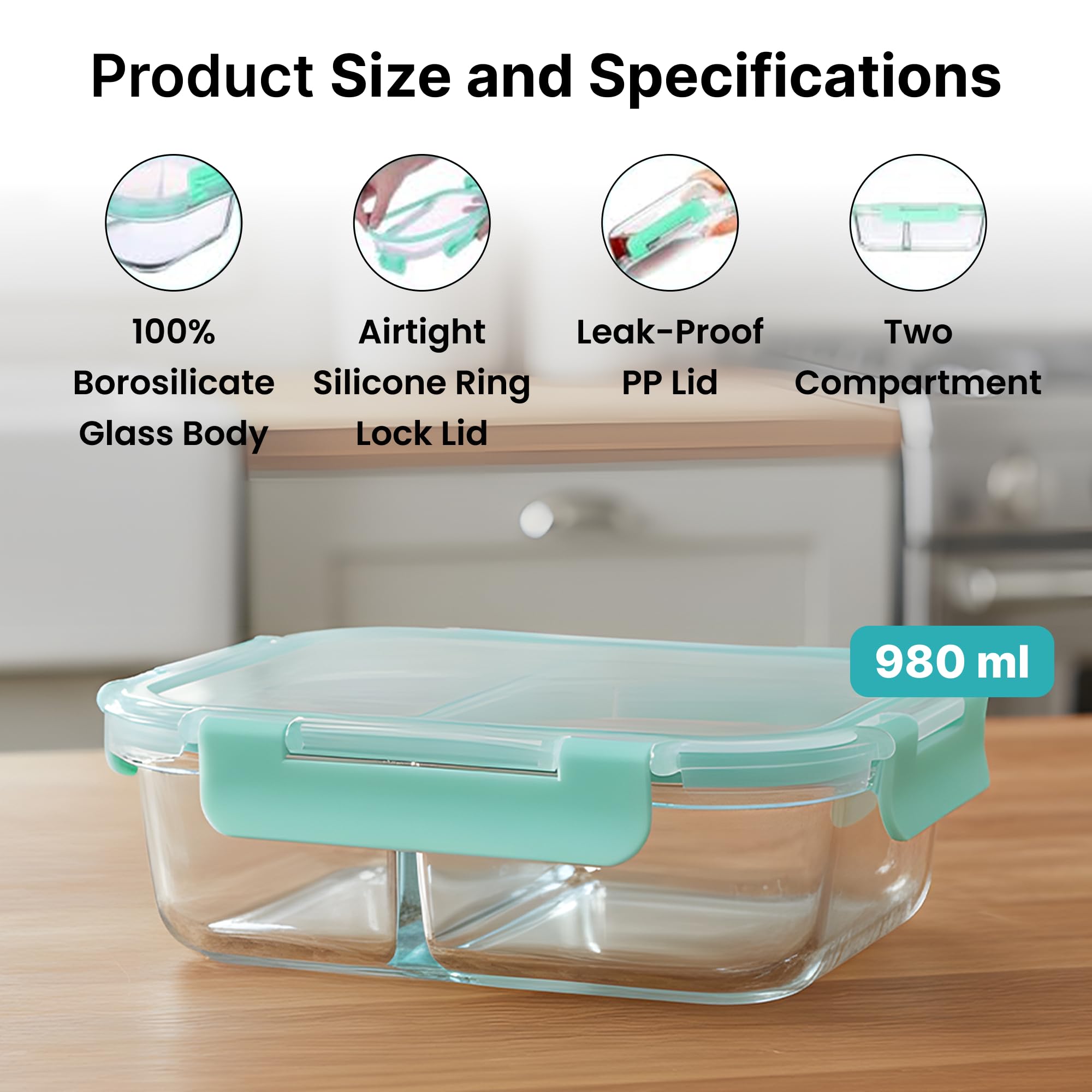 The Better Home Fiambrera de oficina con dos compartimentos para microondas, cristal, cierre de seguridad, hermética, transparente, 980 ml, paquete de 1