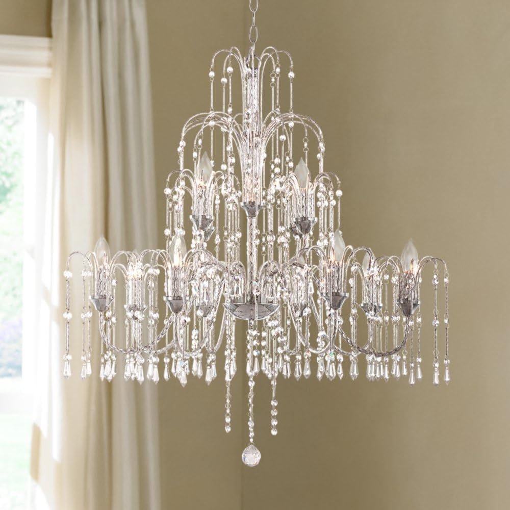 Vienna Full Spectrum Crystal Rain Chrome Silver Tiered Large Chandelier Lighting 33" Wide Traditional 12-Light Fixture for Dining Room House Foyer Entryway Kitchen Bedroom Living Room High Ceilings