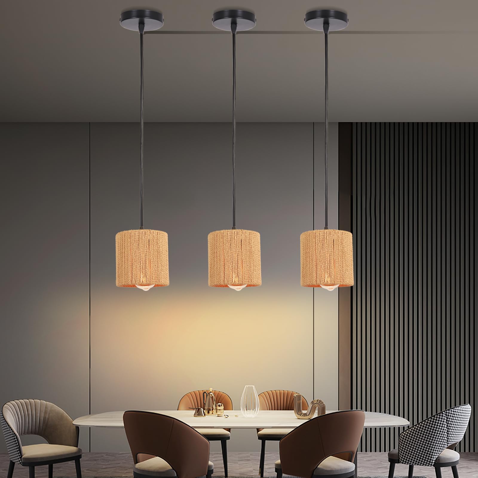 LIGKIN Rattan Boho diameter 15cm Vintage Hand Woven Pendant Light E27 Round Hanging Height Adjustable Lampshade Industrial Boho Rustic Chandelier for Bedroom Kitchen 2Pcs - Image 2
