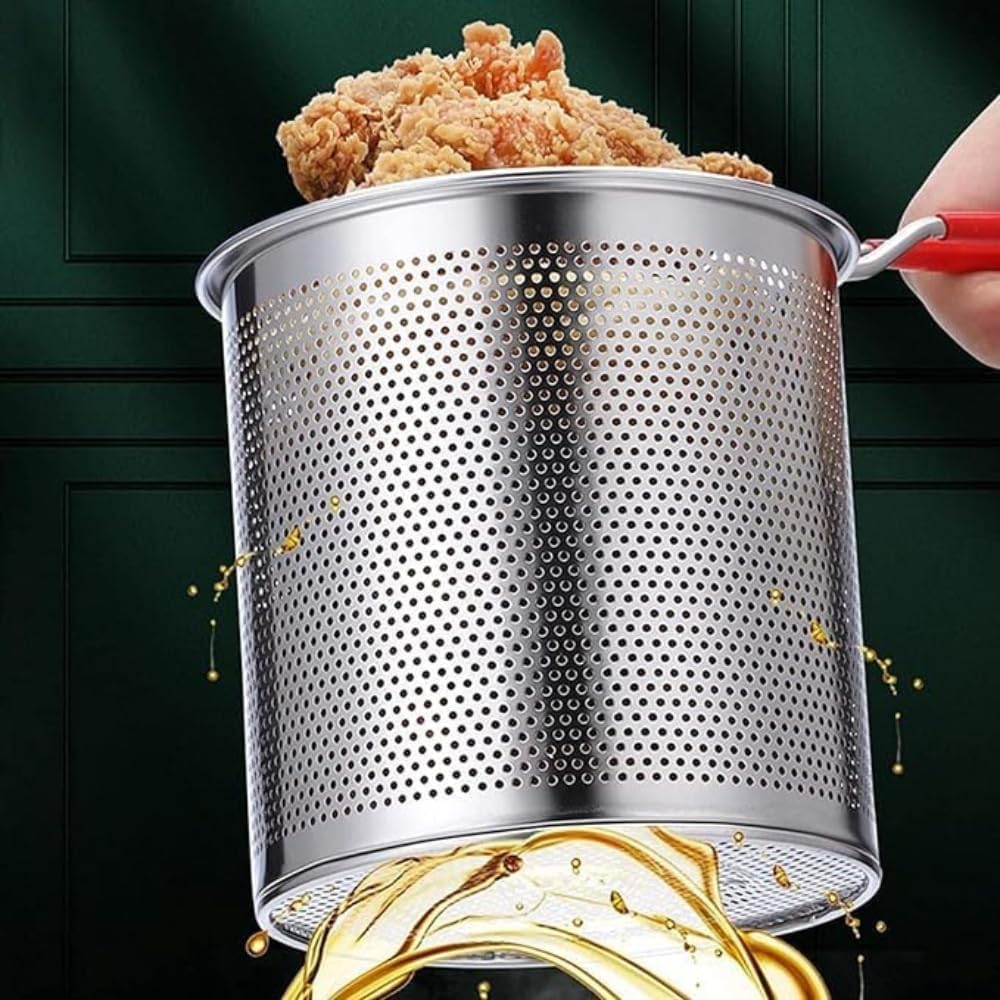PIBOKU 1200ml Stainless Steel Deep Frying Pot with Basket and Long Handle - Small Oil Fryer for French Fries, Shrimp, Fish, Chicken Wings, Boiling Butter, Sauces, Gravies, and Pasta - Silver
