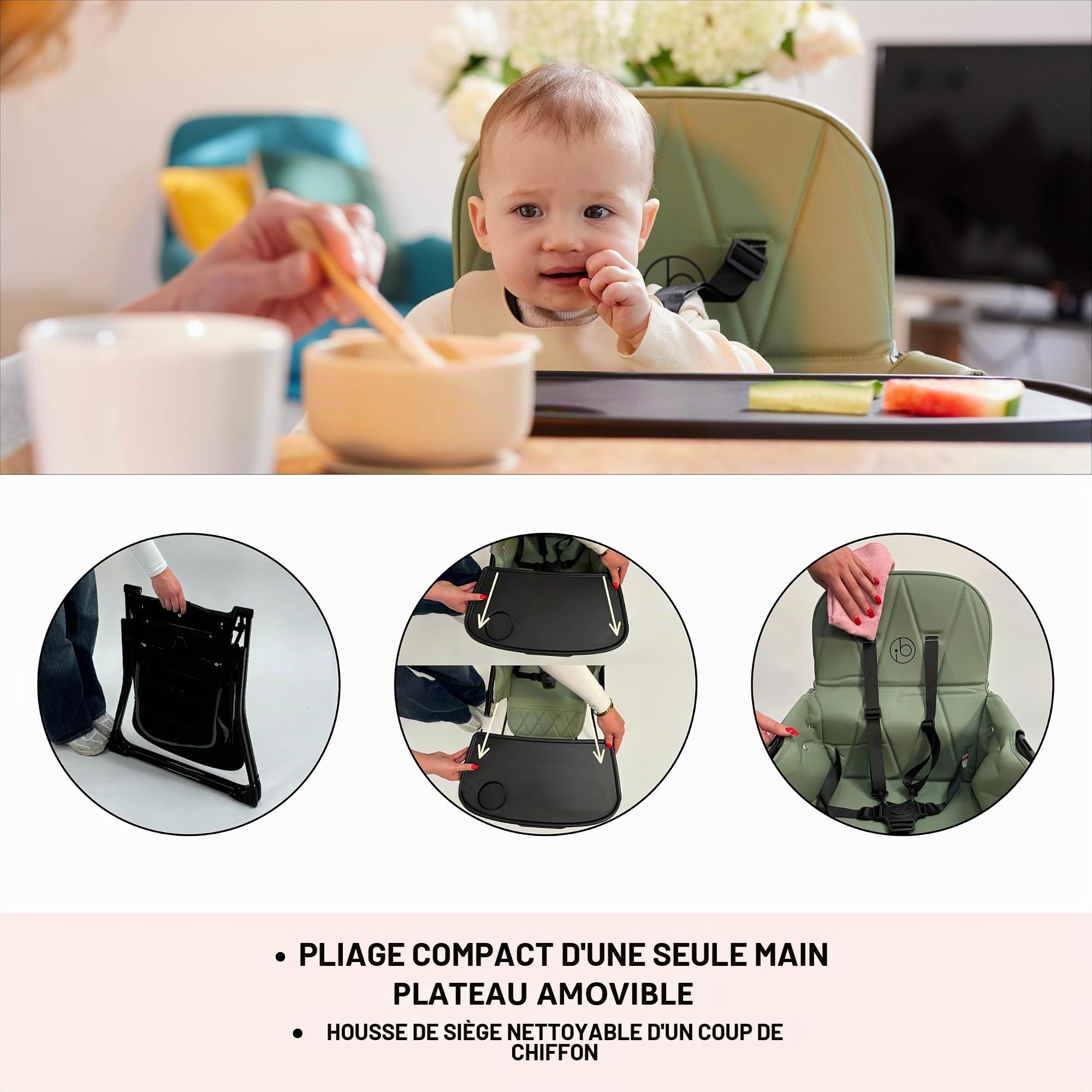 Ickle Bubba Flip Magic Chaise haute pliable (vert sauge) – Convient aux pesant jusqu'à 15 kg, harnais de sécurité à 5 points, plateau amovible, pliage rapide d'une seule main, design compact et fin