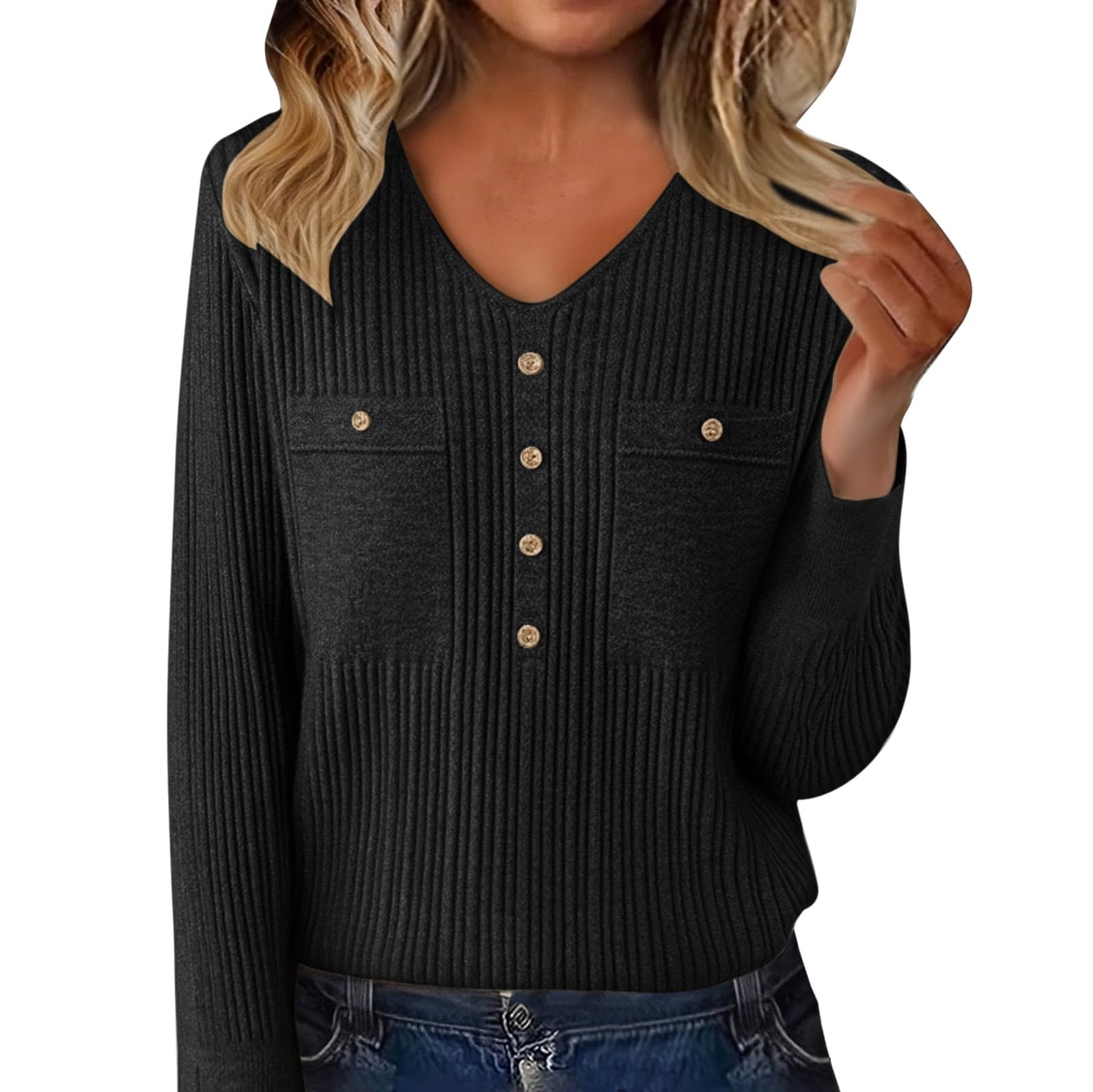 Cozy Cashmere Sweaters for Women V Neck Long Sleeve Wool Soft Dressy Knit Pullover Outfits with Decorative Buttons