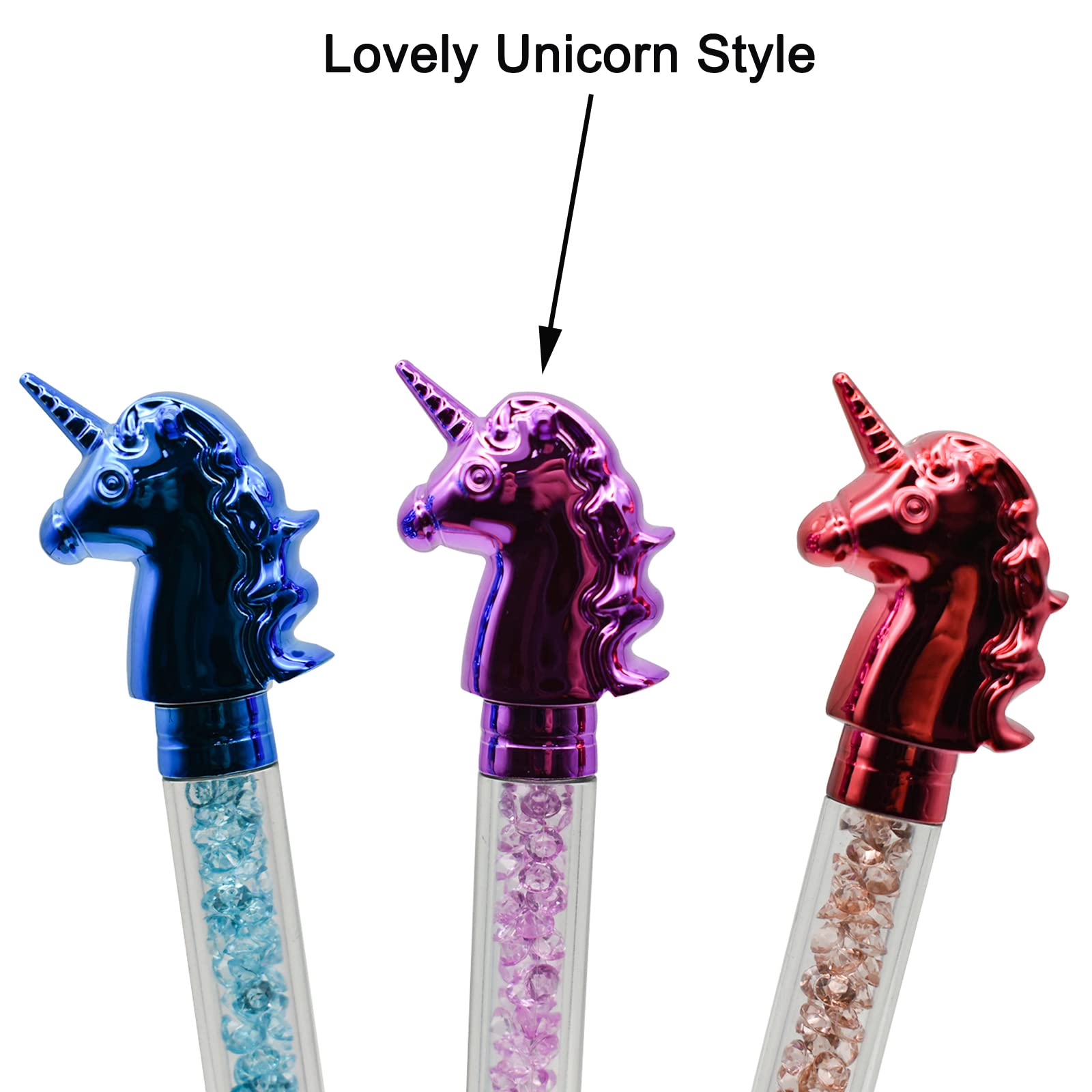 Maydahui Einziehbarer Einhorn-Kugelschreiber, bunte Kristalle, glitzernd, Treibsand-Stift, Tierstift, schwarze Tinte, für Mädchen, Schule, Büro, 12 Stück