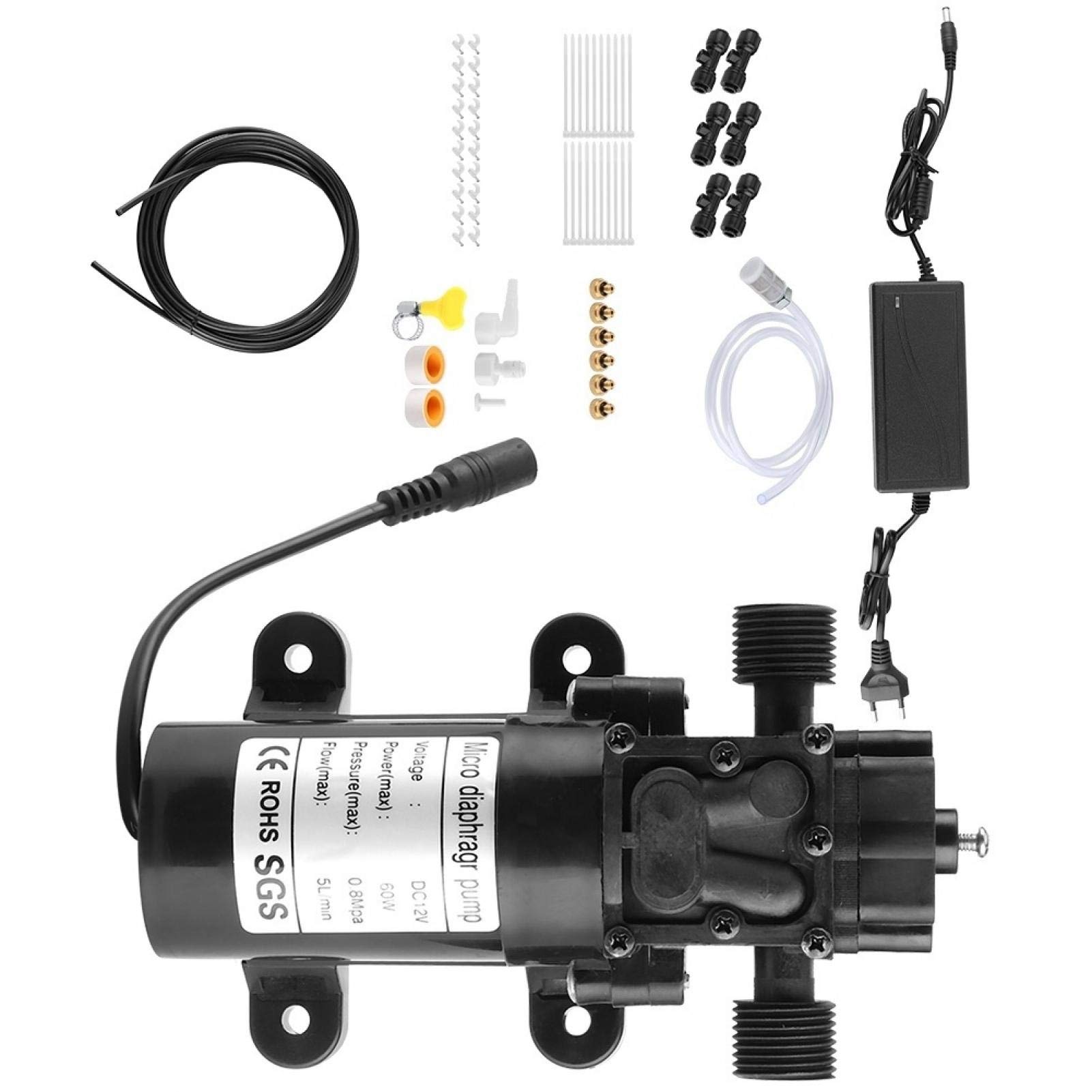 Pompa Acqua Pressione Pompa Autoadescante,Kit di nebulizzazione Impianto di nebulizzazione da Giardino a Bassa Pressione 110-240 V, Pompa a Membrana a 6 ugelli elettrica Resistente