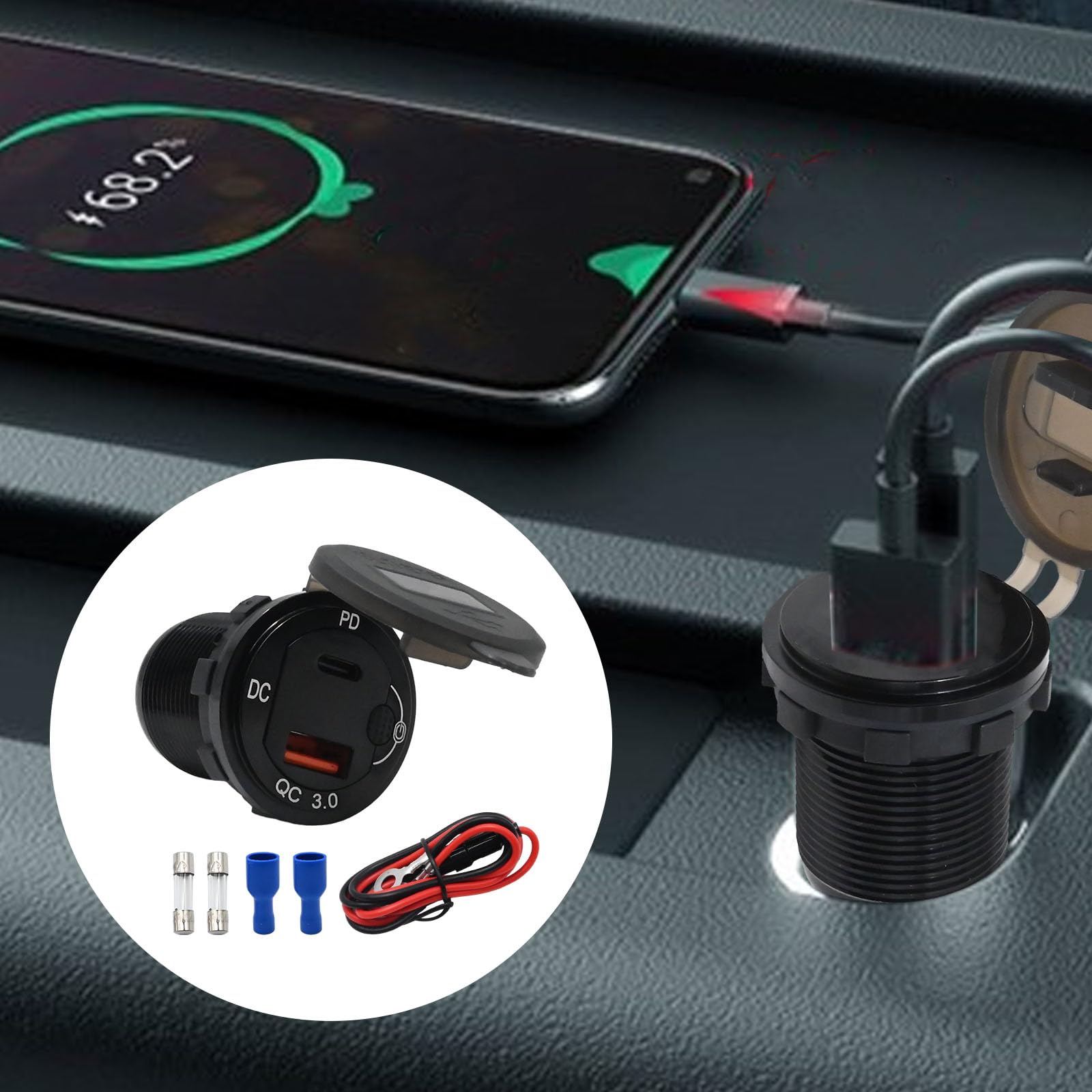 UOIENRT 83 W USB-C-Autoladegerät, 18 W QC3.0 und 65 W USB-C-Anschluss, 12 V Steckdose mit Knopfschalter, intelligentes Voltmeter für Auto, Golfwagen, Marine