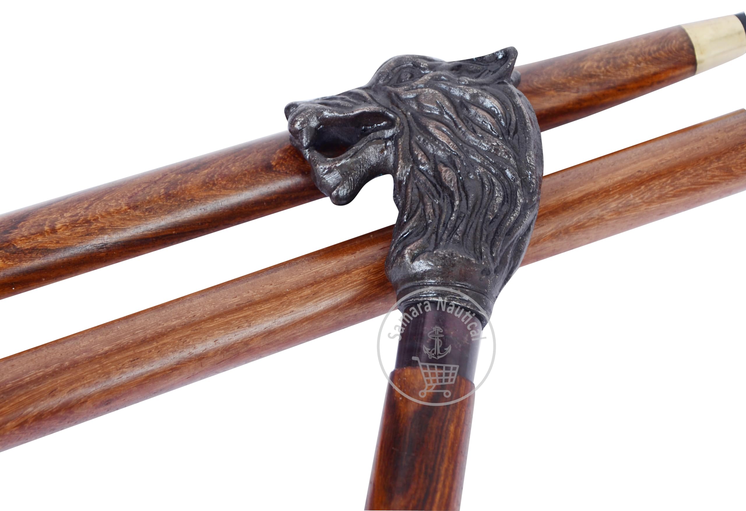 Antique Wolf Head Brass Handle Brown Wooden Walking Stick, Wood Cane with Antique Brass Handle - Image 3