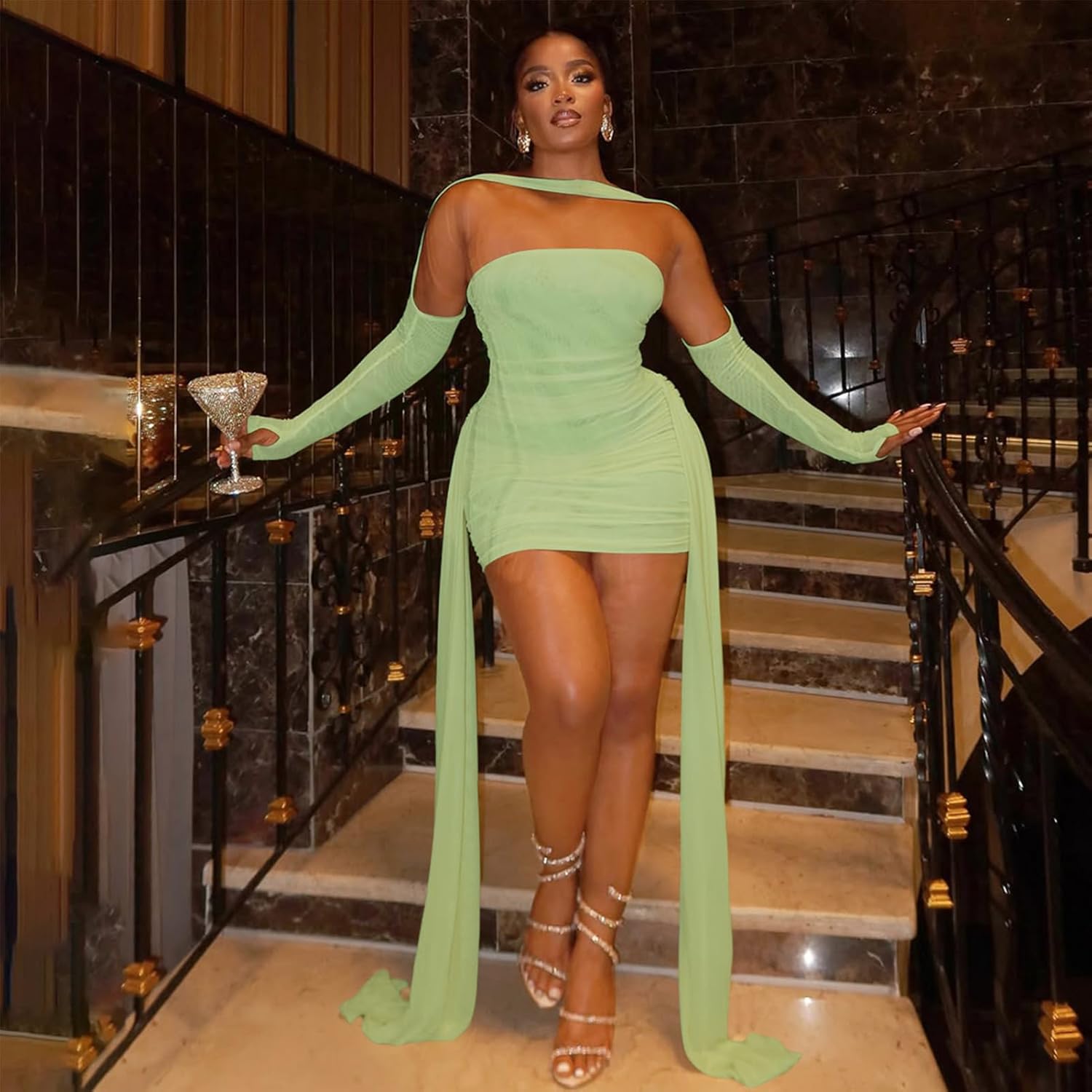 Women Sexy Strapless Tube Top Mesh Layered Mini Dress Bodycon Ruched Side Ribbons Bandage Dress Birthday Dresses - Image 2