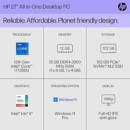 Miniatura 2 de HP PC de escritorio todo en uno de 27 pulgadas, pantalla FHD, Intel Core i7-1355U de 13 generación, 12 GB de RAM, SSD de 512 GB, gráficos Intel Iris