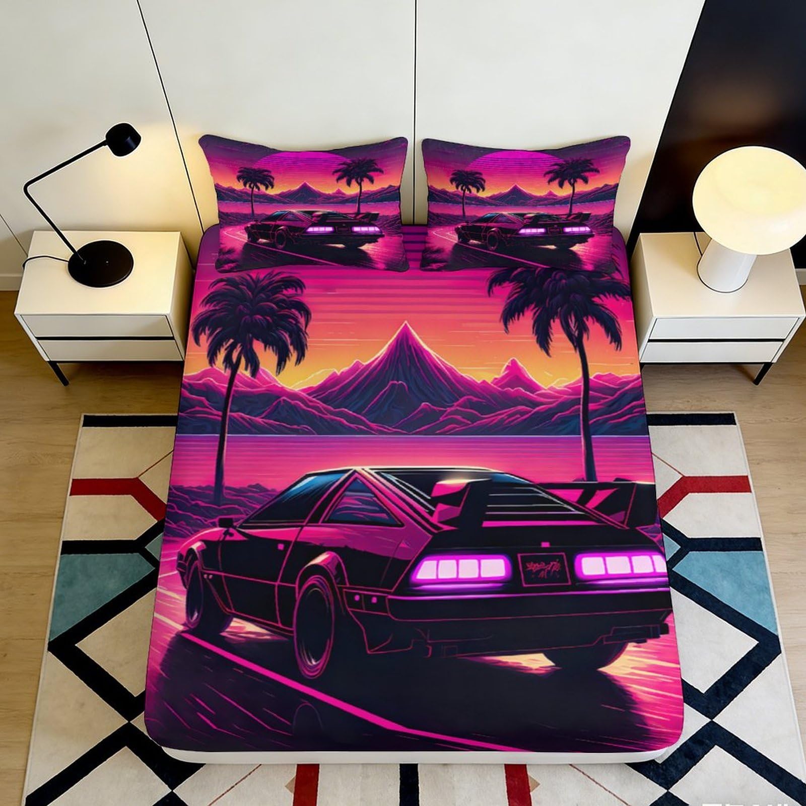 3D Printed Retro Car Fitted Sheet Microfiber Non-Slip Deep Pocket Sunset Scenery Mattress Fitted Cover Bedroom Bedding Full Wrap Washable 200x200x25cm 90x200x25cm