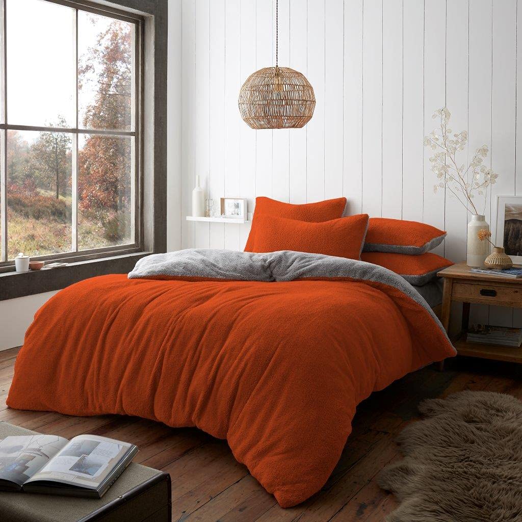 GC GAVENO CAVAILIA Thermal Warm Fleece Duvet Cover, Cuddly Snuggle Teddy Fluffy Reversible Bedding Set, Kingsize, Rust/Grey