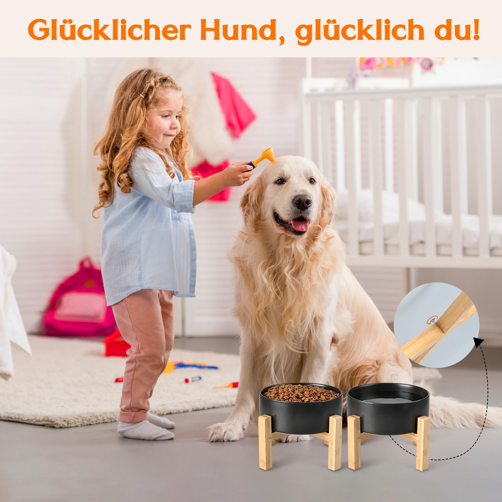 SPUNKYJUNKY Hundenapf Keramik Erhöhter Futternapf Set mit Bambus Ständer für Katzen und Hunde (1800ml, Schwarz)