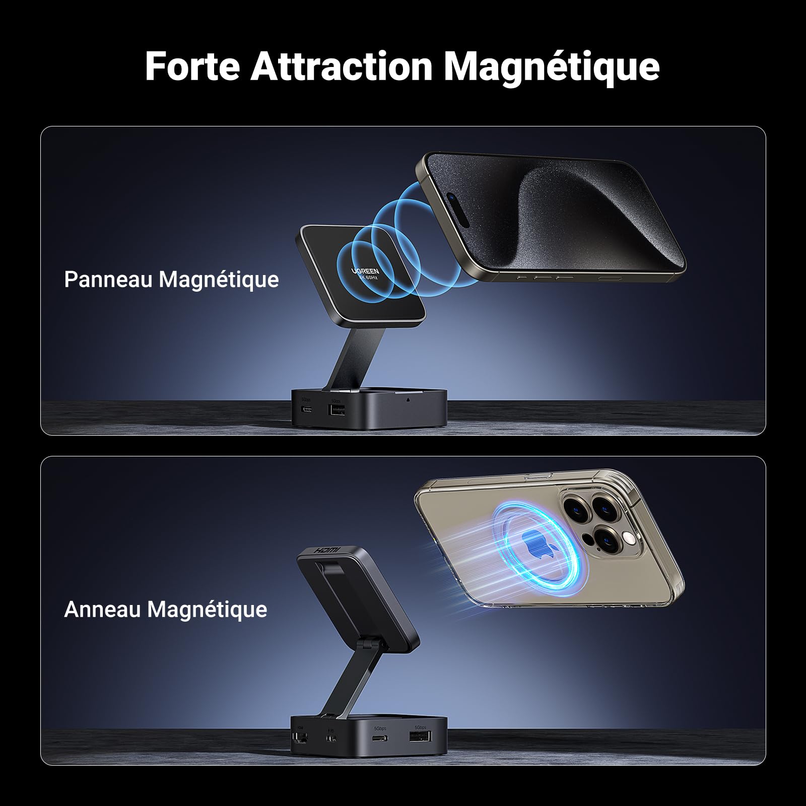 UGREEN Docking Station USB C Support Téléphone Magnétique Pliable | Hub USB C, Porte Smartphone Aimanté, HDMI 4K 60Hz, 5Gbps Transfert, PD 100W, Compatible avec MagSafe iPhone 17 16 15 Série