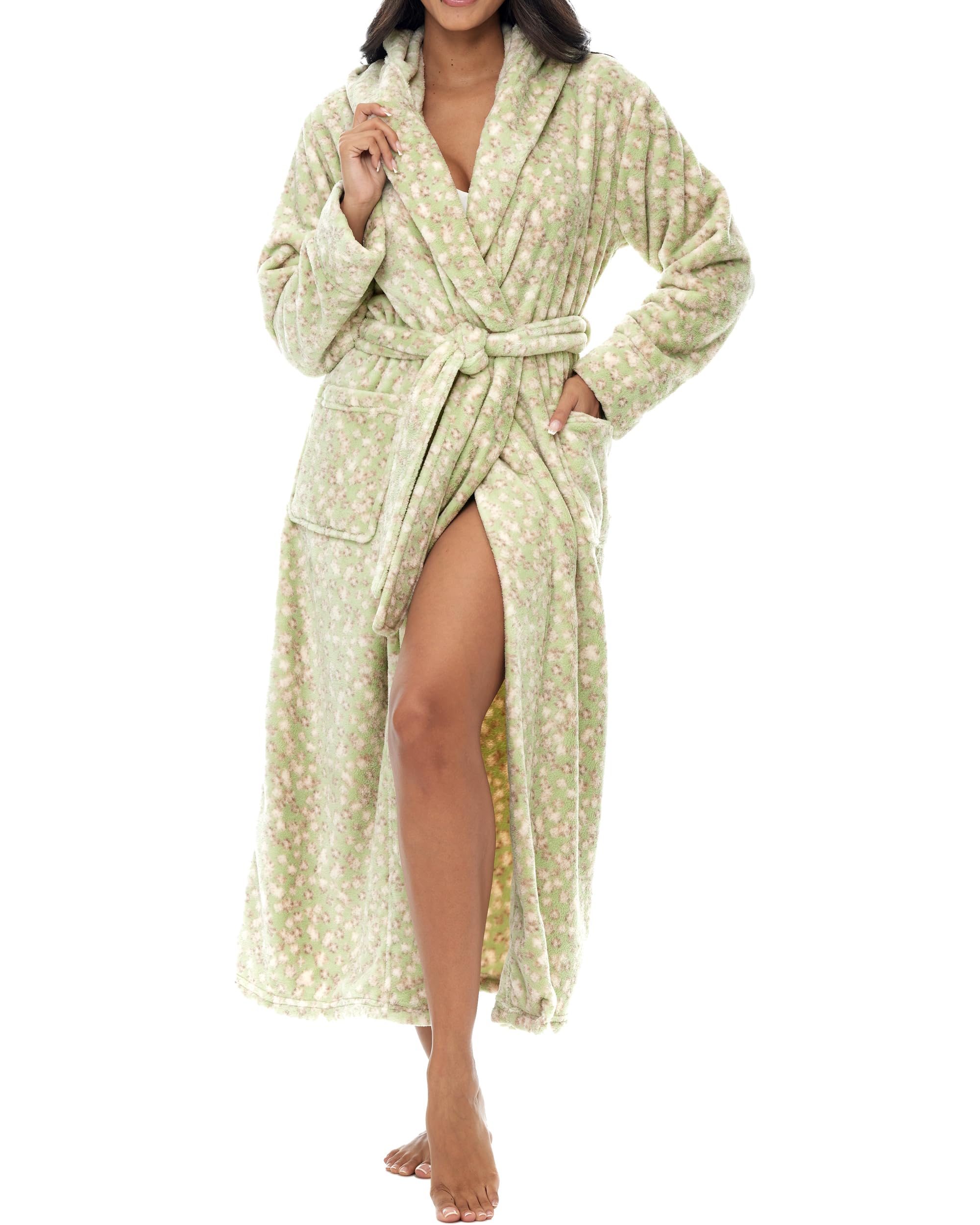 Alexander Del Rossa Plush Fleece Robe for Women, Long Hooded Bathrobe with Hood, Plus Size