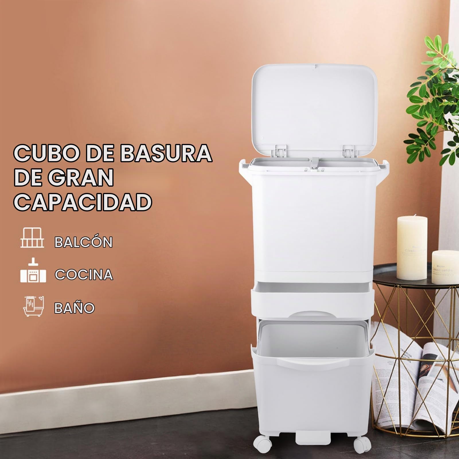 Cubo De Basura Cocina Multinivel 42L, cubo De Basura De Reciclaje Con Ruedas Bloqueables, Diseño Vertical Ahorrador Espacio, Separación Residuos Seco Húmedo, 3 En 1 Contenedor De Basuras De Cocina