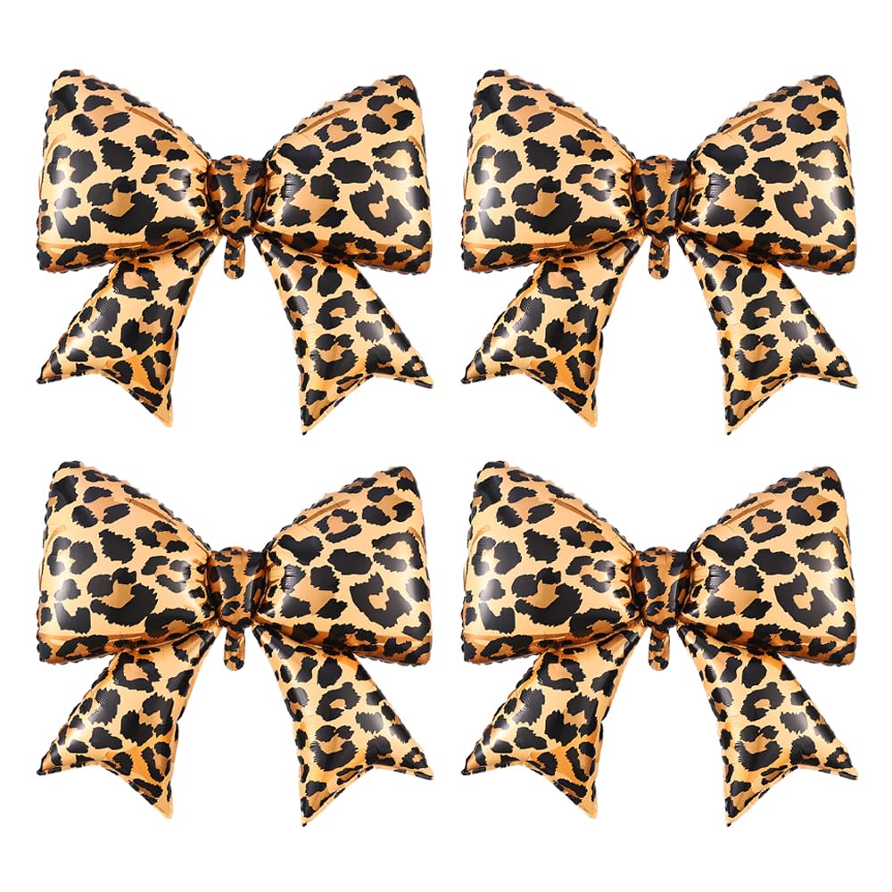 Photo 1 of 4Pcs Cheetah Print Bow Foil Balloons, Large Leopard Pattern Bow Shape Balloon for Wedding Birthday Bridal Shower Bachelorette Kiss the Miss Goodbye Jungle Animal Party Supplies (4Pcs Bow)