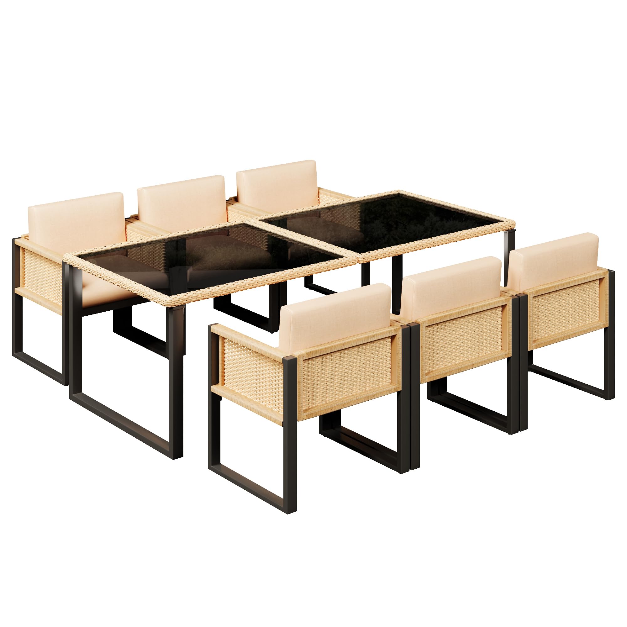 Table et Chaise de Jardin Exterieur 6 Personnes–Ensemble Repas avec Plateau Verre et Coussins Déhoussables–Structure Acier Anti-Rouille,Rotin Tressé – Idéal pour Terrasse et Jardin (Brown Noir)