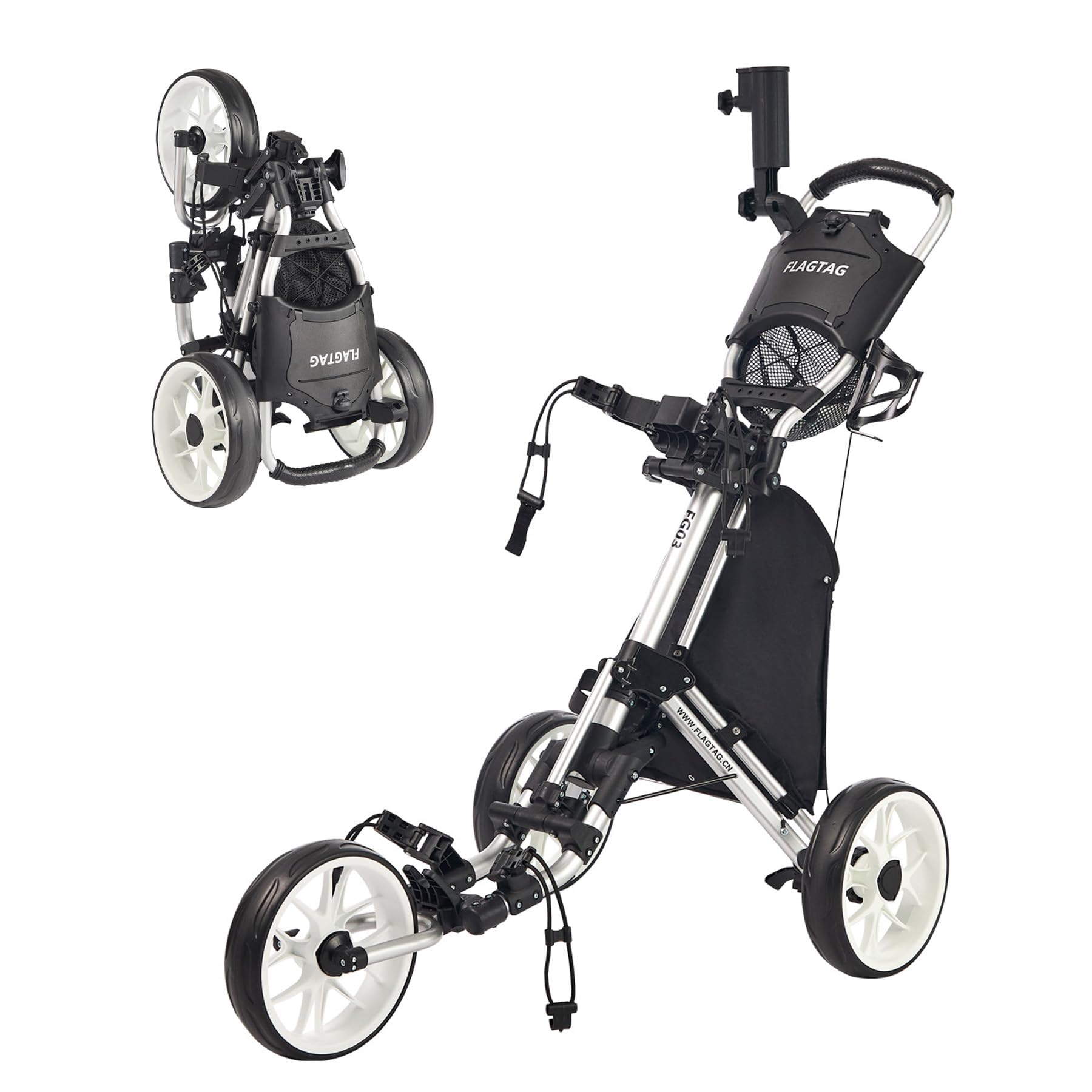 FLAGTAG Golf Push Cart 3 Wheel,Foldable Golf Push Cart,Golf Bag Cart with Foot Brake,Umbrella Holder, Cup Holder, Storage Compartment