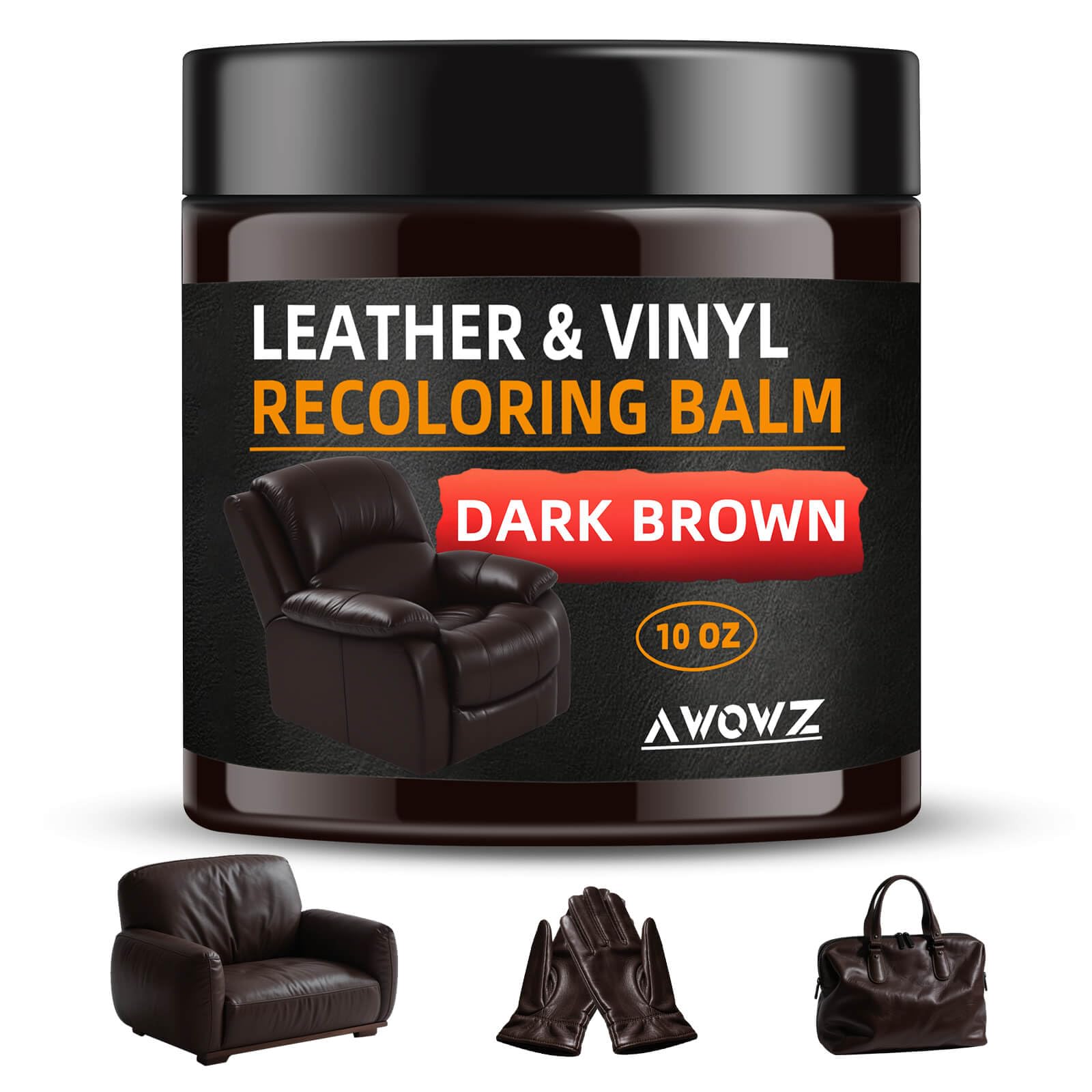 AWOWZ Leather Recoloring Balm - Scratch Repair & Color Restore Kit for Faded Leather, Couch & Car Seats - 10OZ Leather Restorer Balm for Furniture, Auto Interior, Vinyl, Accessories (Dark Brown)