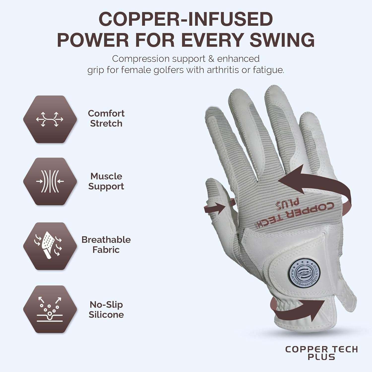 Women’s Copper Infused Golf Glove – White/White – Single & Pair – Compression Fit – Arthritis Relief – Non-Slip Grip – Breathable & Odour-Free – USGA Approved