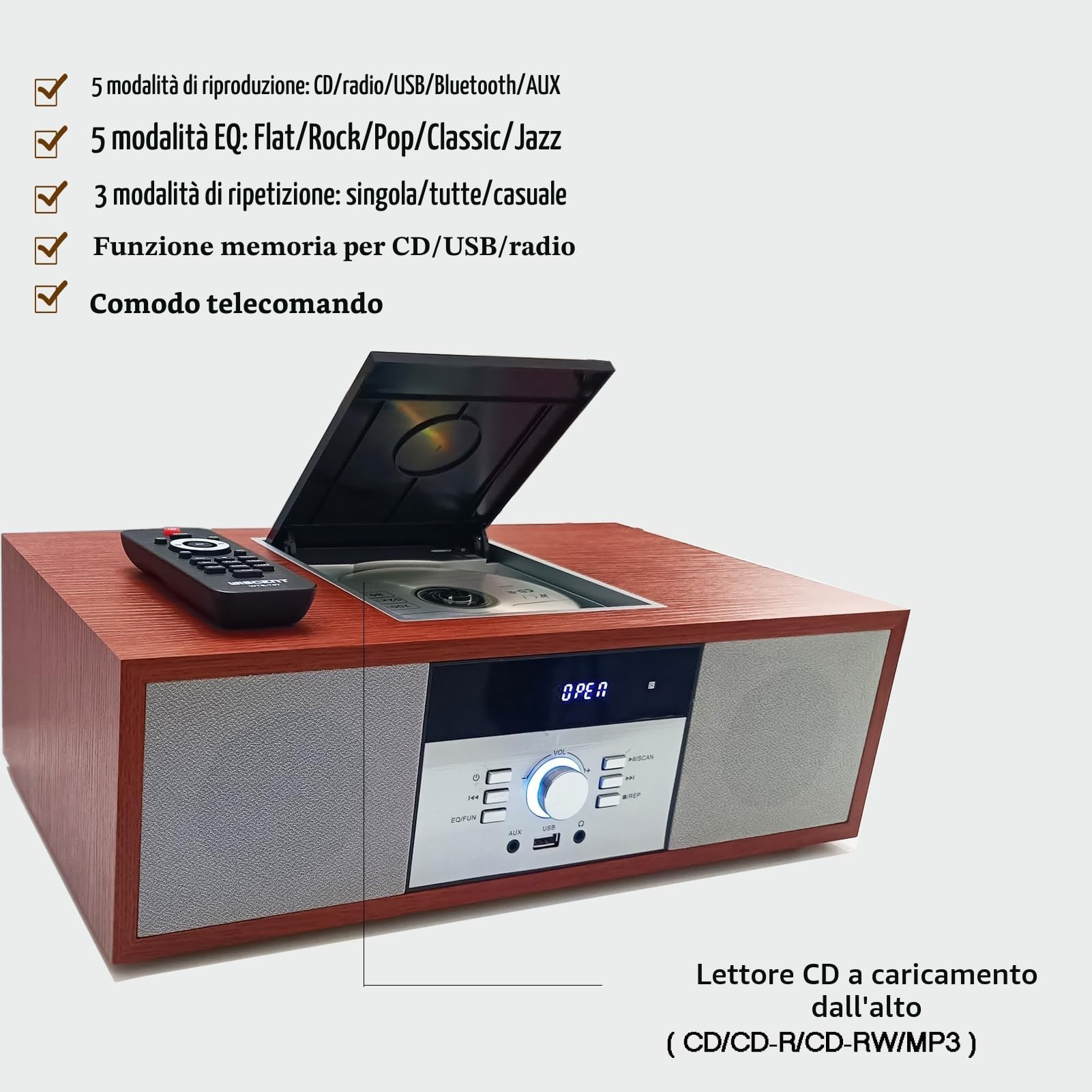 WISCENT Vintage Bluetooth Micro HiFi Systems - Impianto stereo per casa, lettore CD, con streaming audio Bluetooth, radio FM, porta USB, Aux-in, jack per cuffie