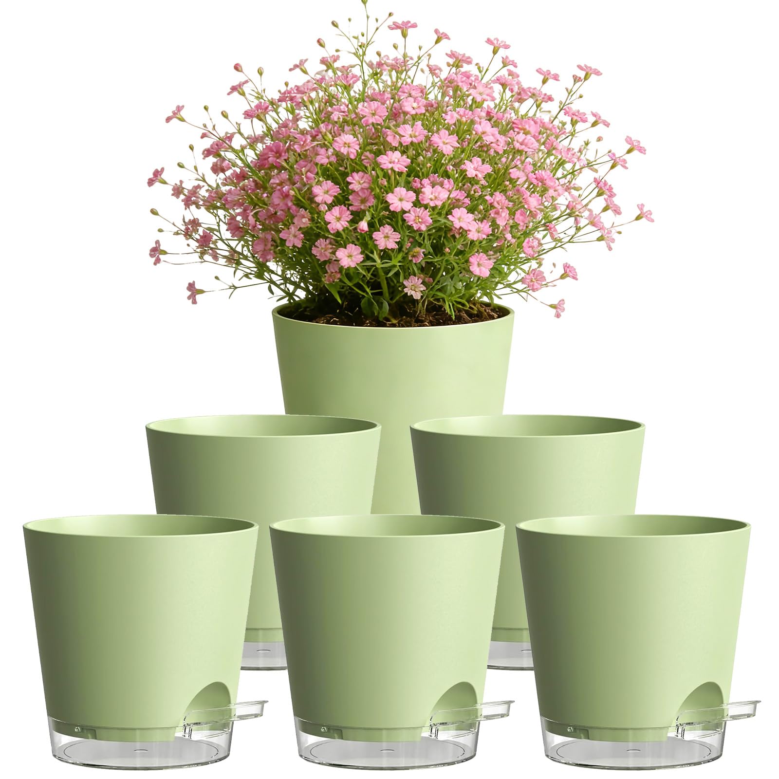 TEYIAN 15cm Self Watering Plant Pots Indoor 6 Pack Plastic Flower Pot with Drainage Holes & Saucer Indoor Modern Decorative Planters for All House Plants